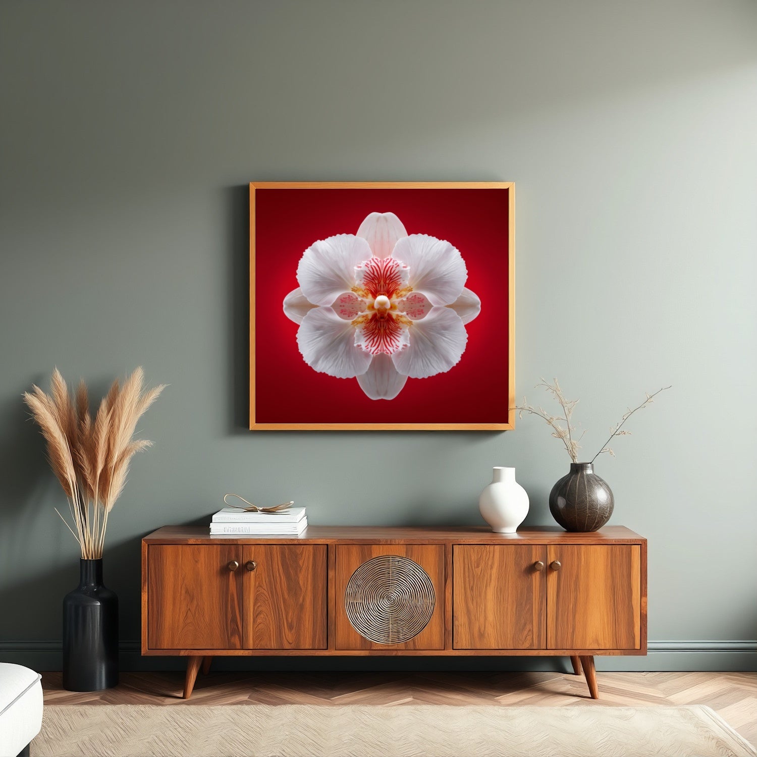 Scarlet Bloom print – bold red backdrop with white orchid in mirrored form, dramatic botanical artwork in living room
