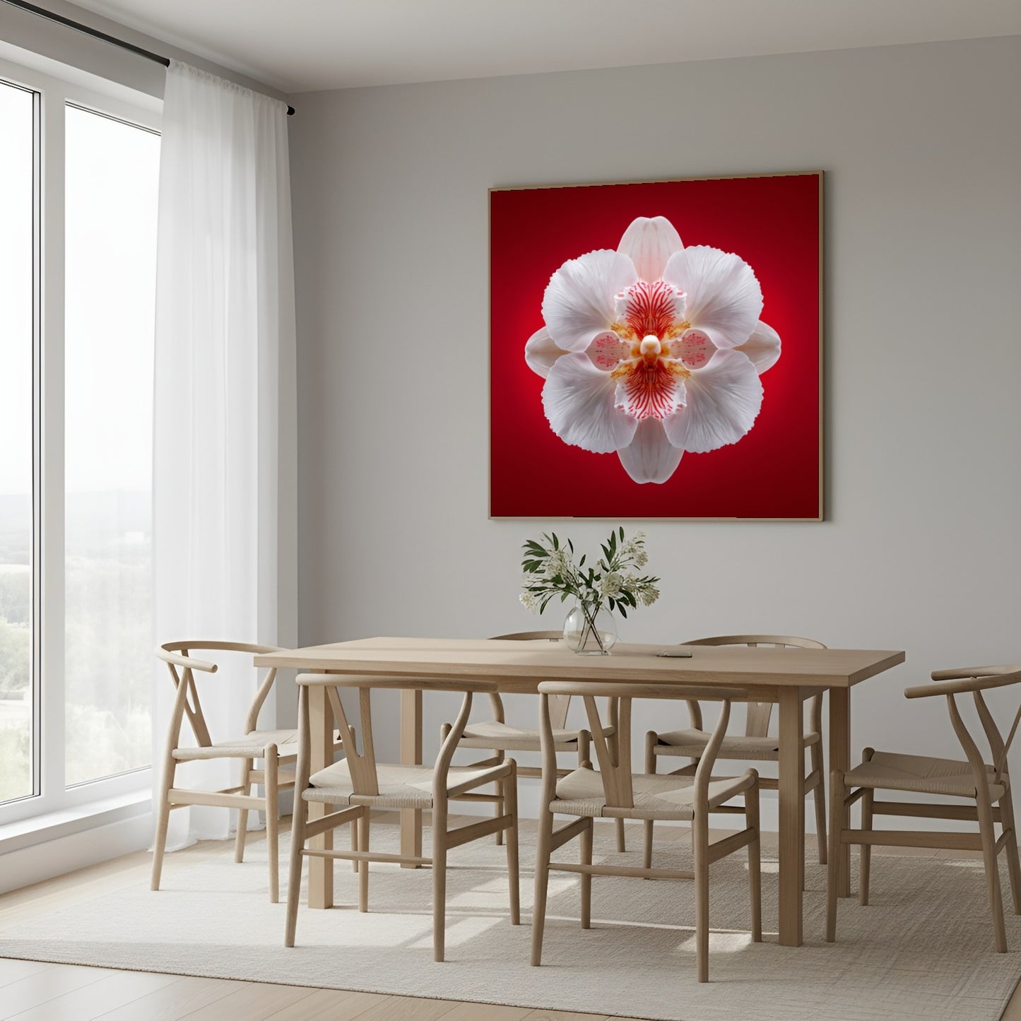 Scarlet Bloom print – bold red backdrop with white orchid in mirrored form, dramatic botanical artwork in Scandinavian dining