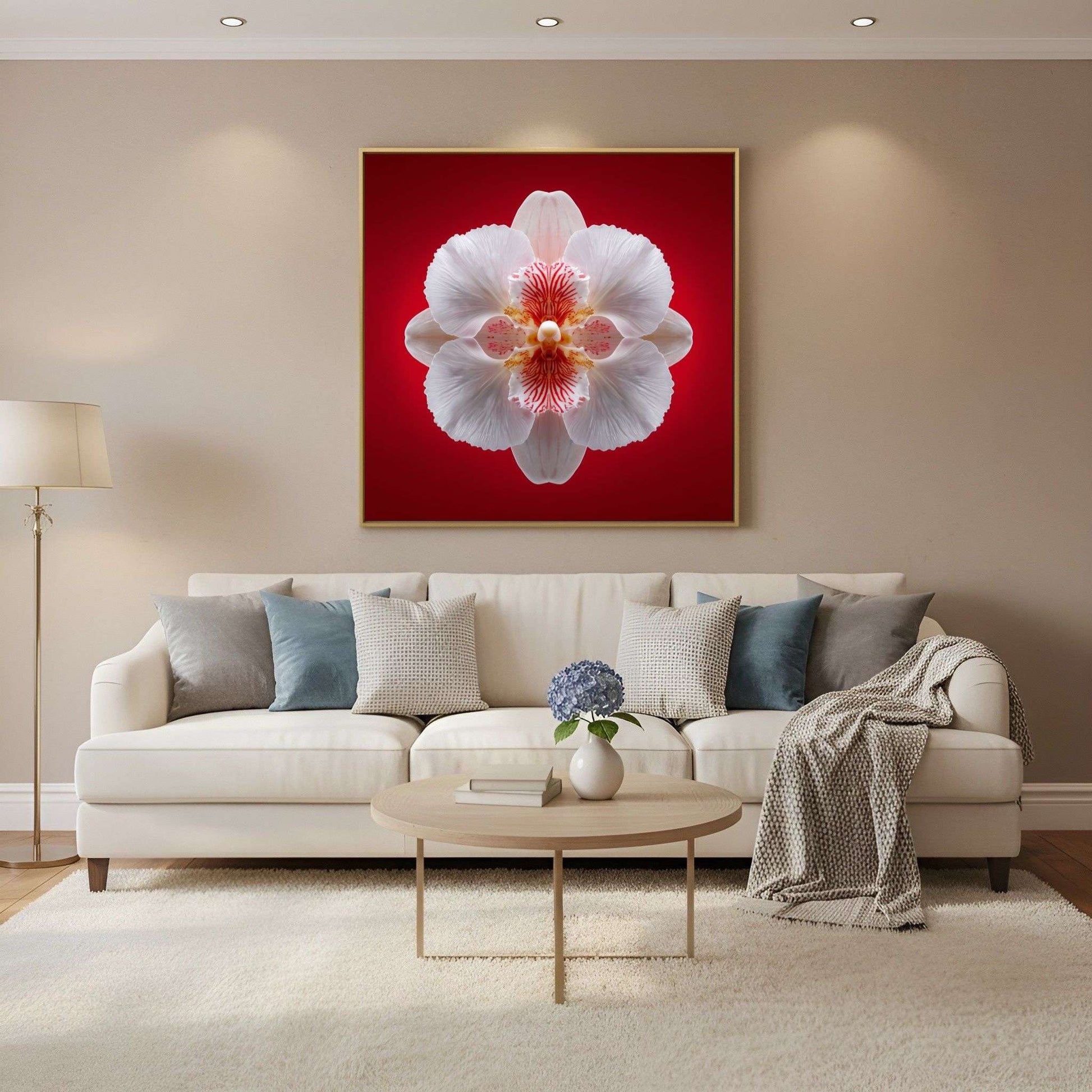 Scarlet Bloom print – bold red backdrop with white orchid in mirrored form, dramatic botanical artwork in Scandinavian living
