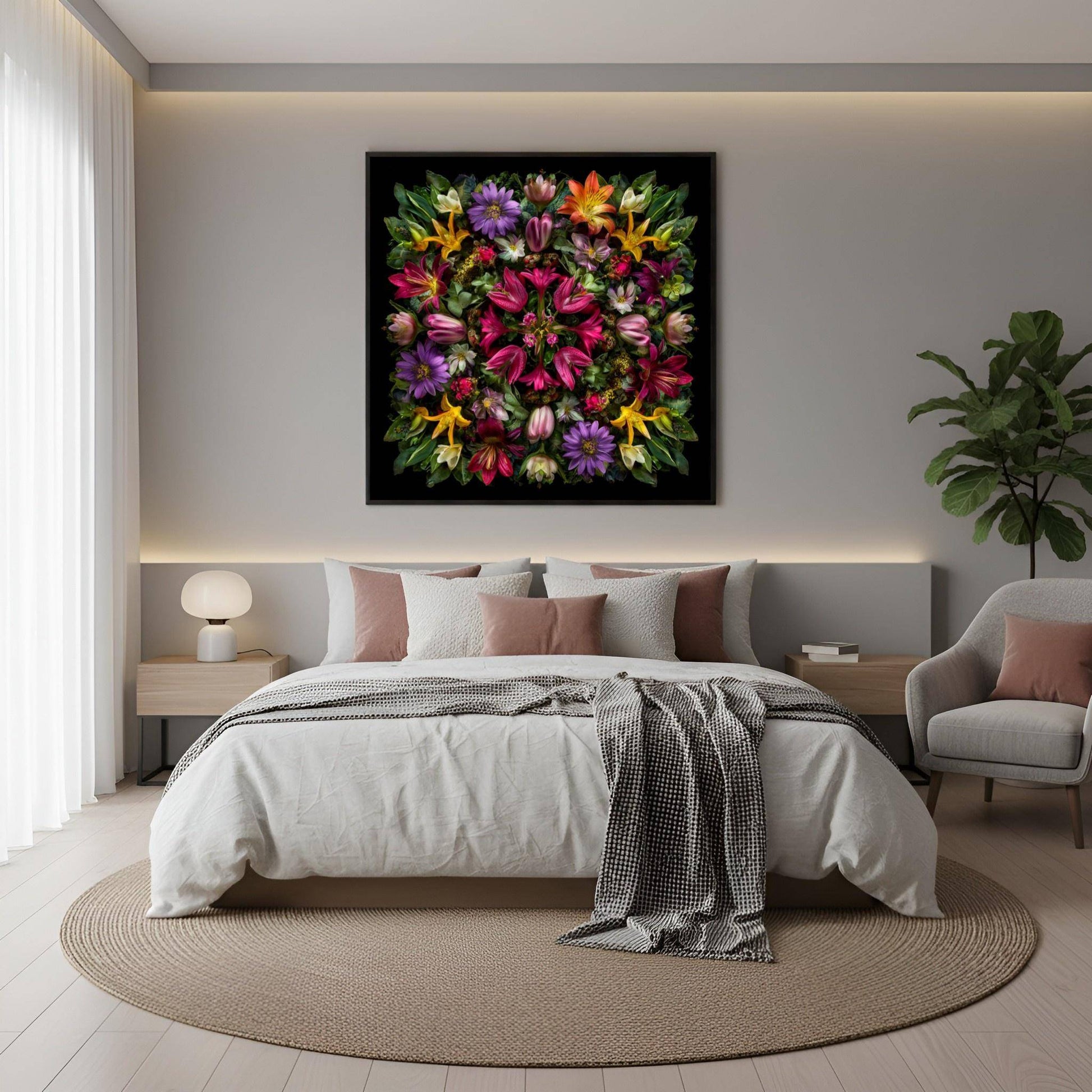 Botanical Symphony artwork – vivid tropical florals in kaleidoscopic design, dramatic wall art  in boho bedroom