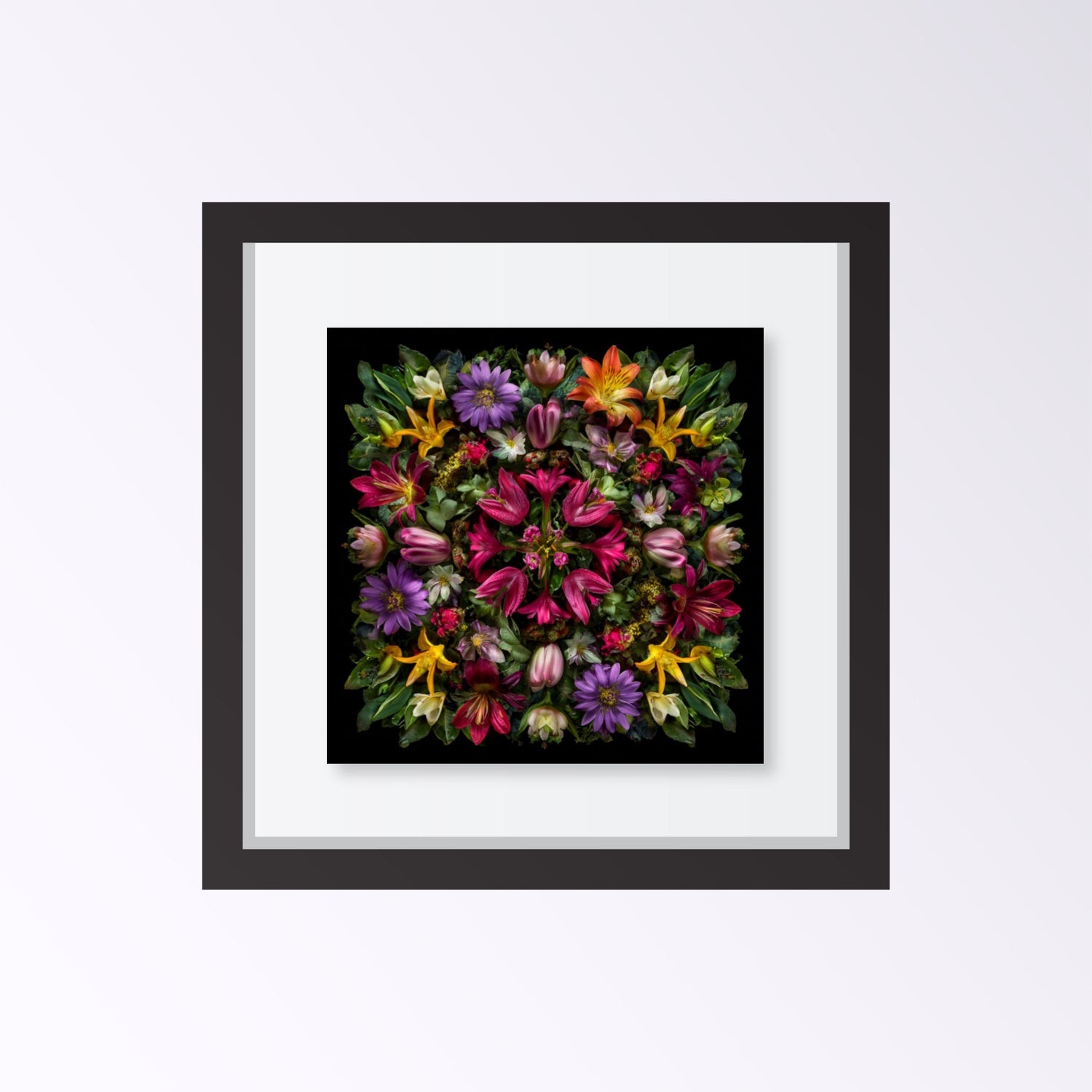 Botanical Symphony artwork – vivid tropical florals in kaleidoscopic design, dramatic wall art framed black