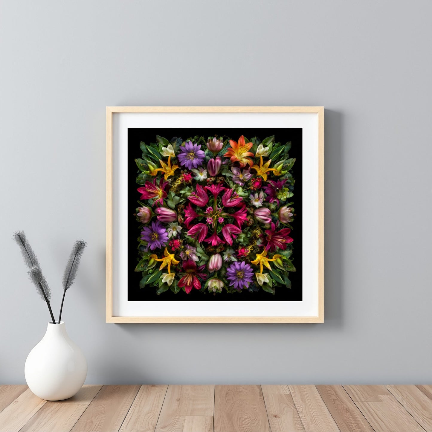 Botanical Symphony artwork – vivid tropical florals in kaleidoscopic design, dramatic wall art framed white