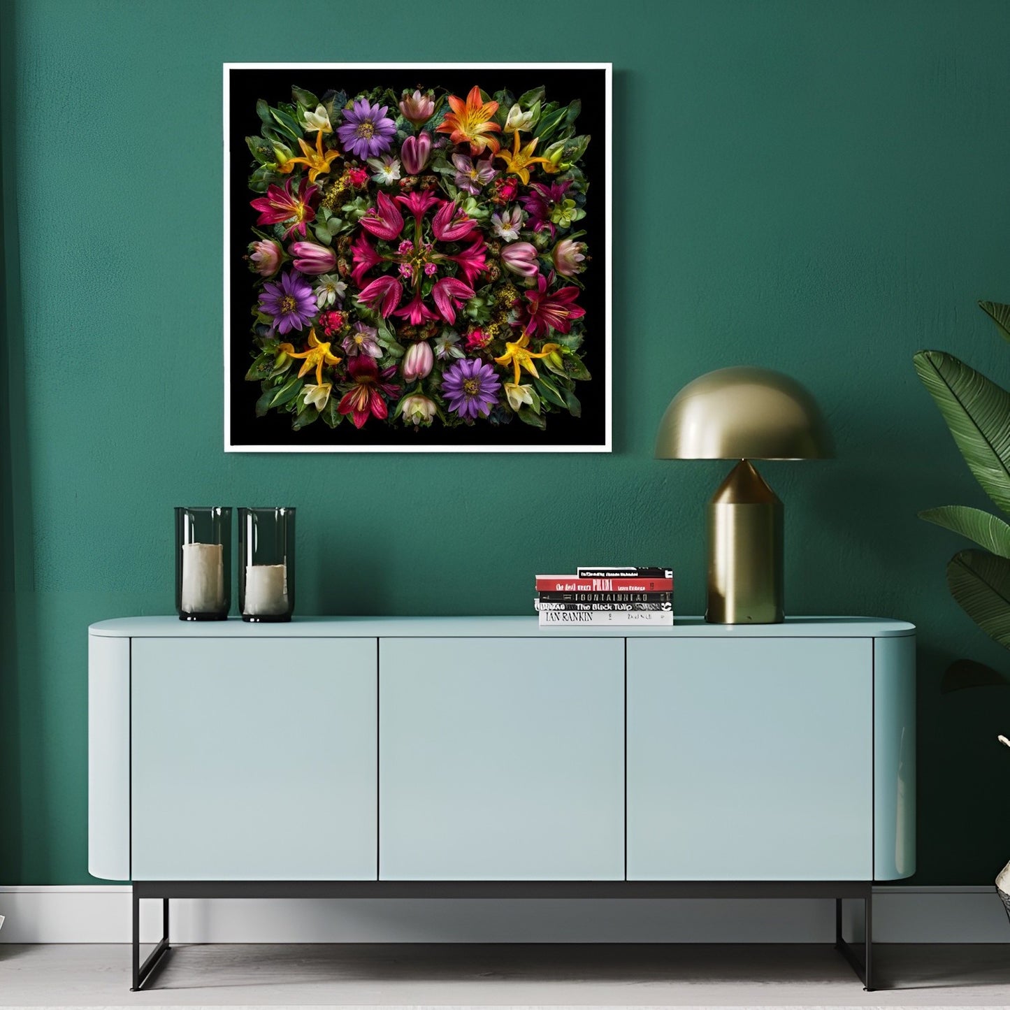 Botanical Symphony artwork – vivid tropical florals in kaleidoscopic design, dramatic wall art in modern hallway