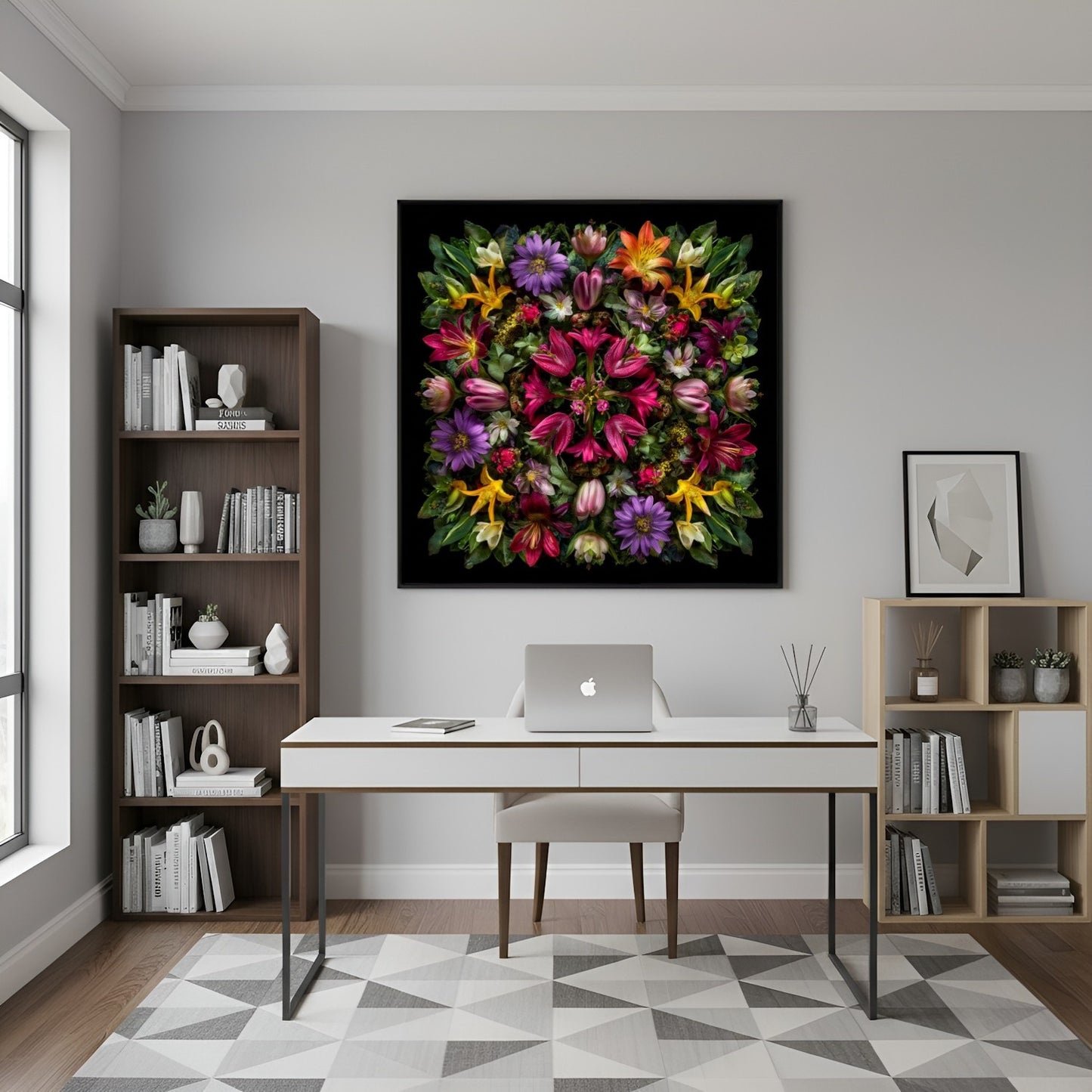 Botanical Symphony artwork – vivid tropical florals in kaleidoscopic design, dramatic wall art in home office