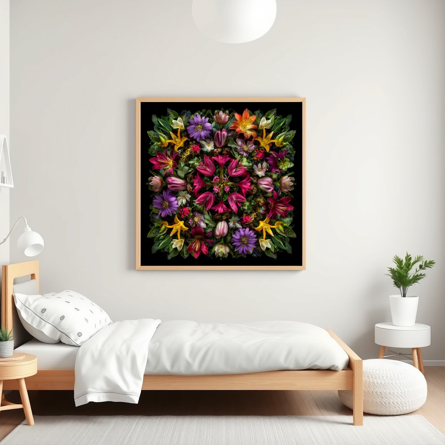 Botanical Symphony artwork – vivid tropical florals in kaleidoscopic design, dramatic wall art  in kids room