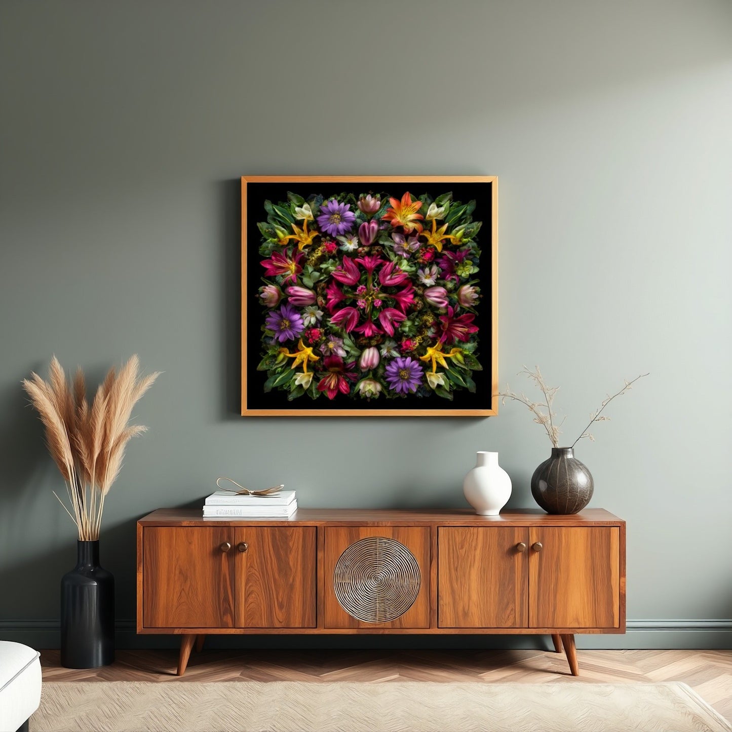 Botanical Symphony artwork – vivid tropical florals in kaleidoscopic design, dramatic wall art in living room