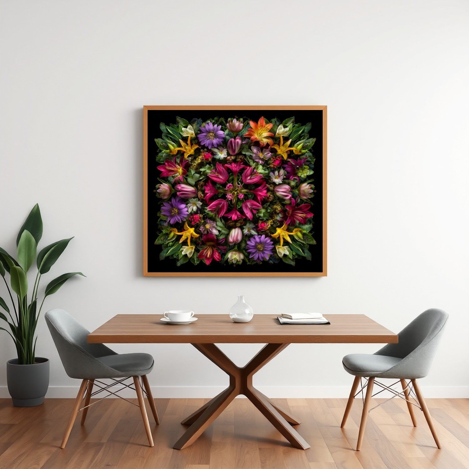 Botanical Symphony artwork – vivid tropical florals in kaleidoscopic design, dramatic wall art in minimalist dining