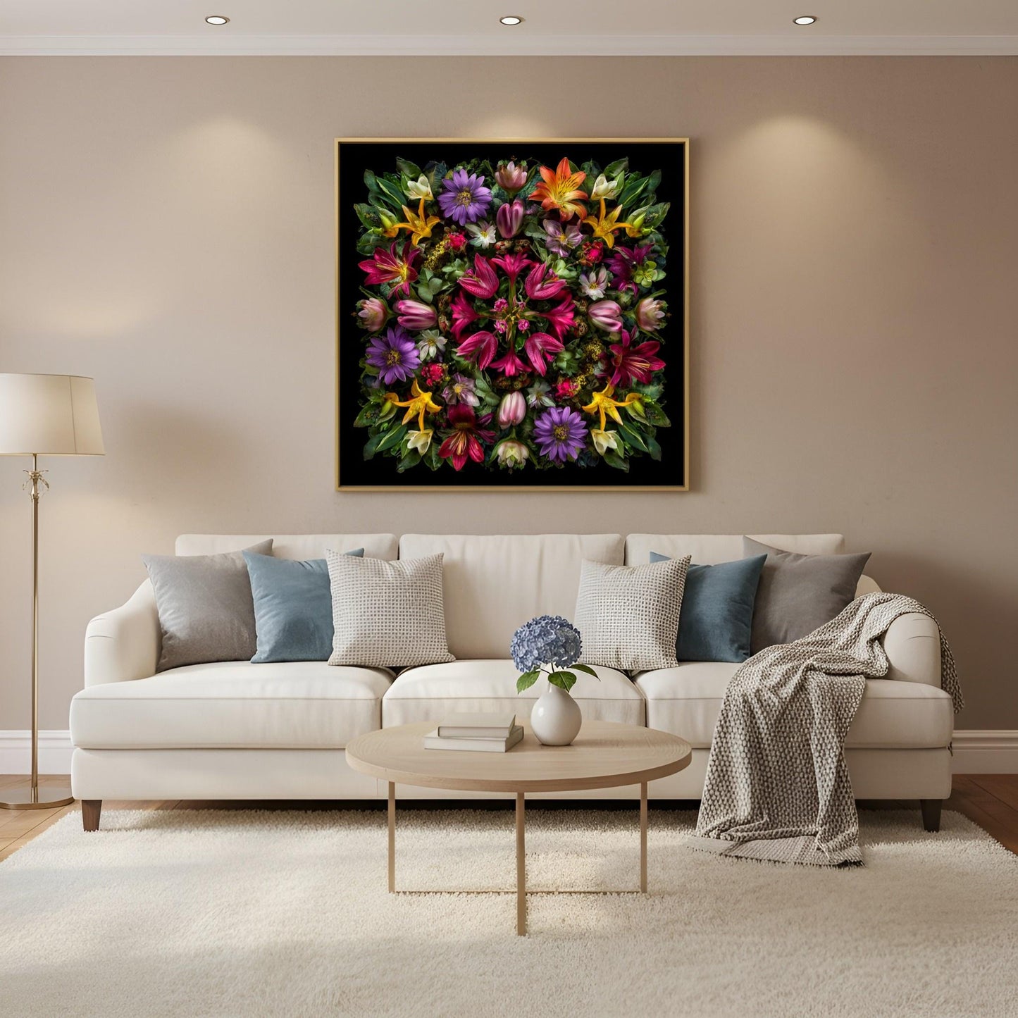 Botanical Symphony artwork – vivid tropical florals in kaleidoscopic design, dramatic wall art  in Scandinavian living
