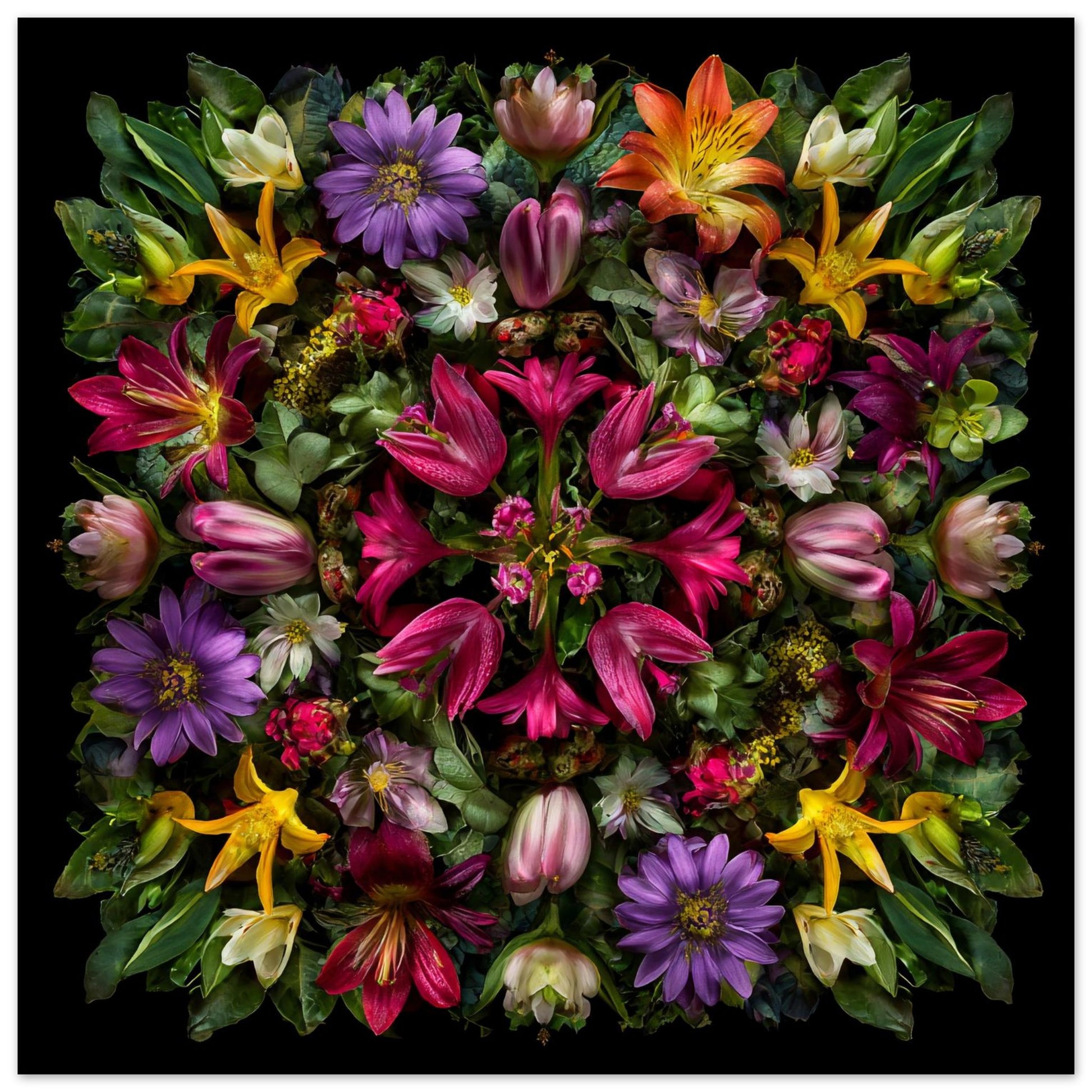 Botanical Symphony artwork – vivid tropical florals in kaleidoscopic design, dramatic wall art close up