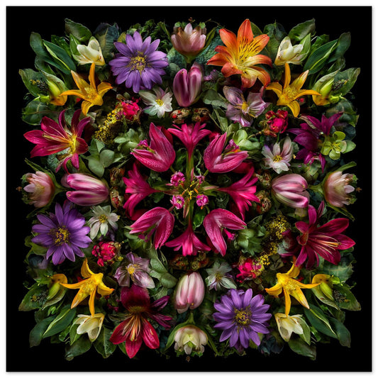 Botanical Symphony artwork – vivid tropical florals in kaleidoscopic design, dramatic wall art close up