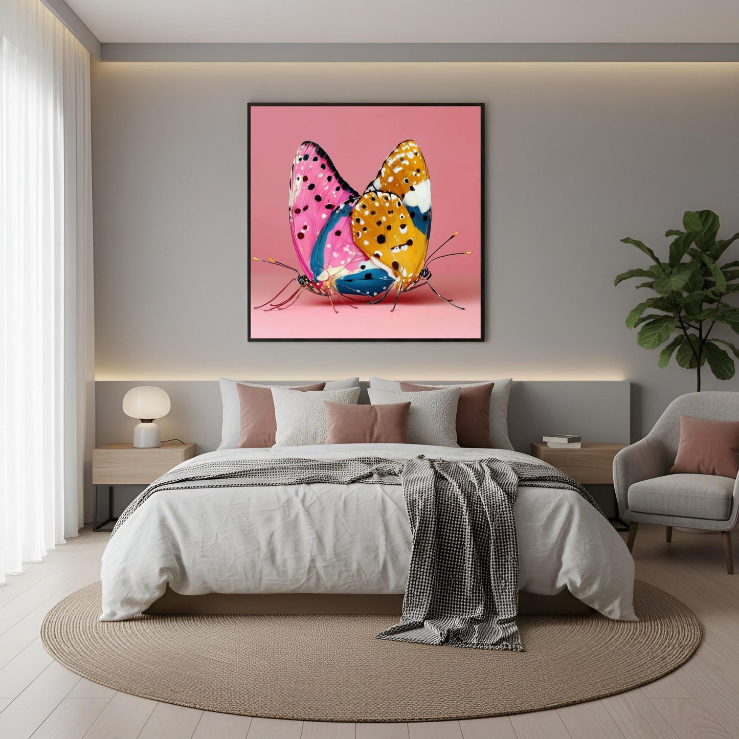 Vibrant pink butterfly art print — modern abstract butterfly wall poster with striking floral tones, feminine artwork in boho bedroom