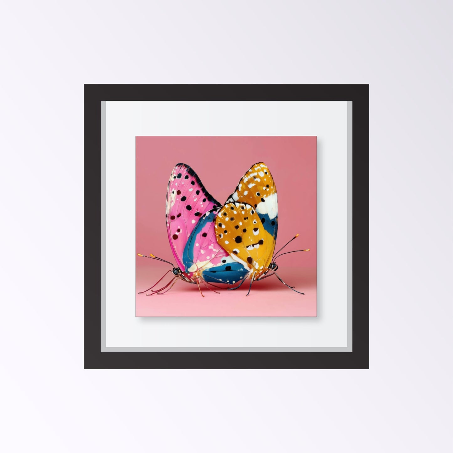 Vibrant pink butterfly art print — modern abstract butterfly wall poster with striking floral tones, feminine artwork framed black