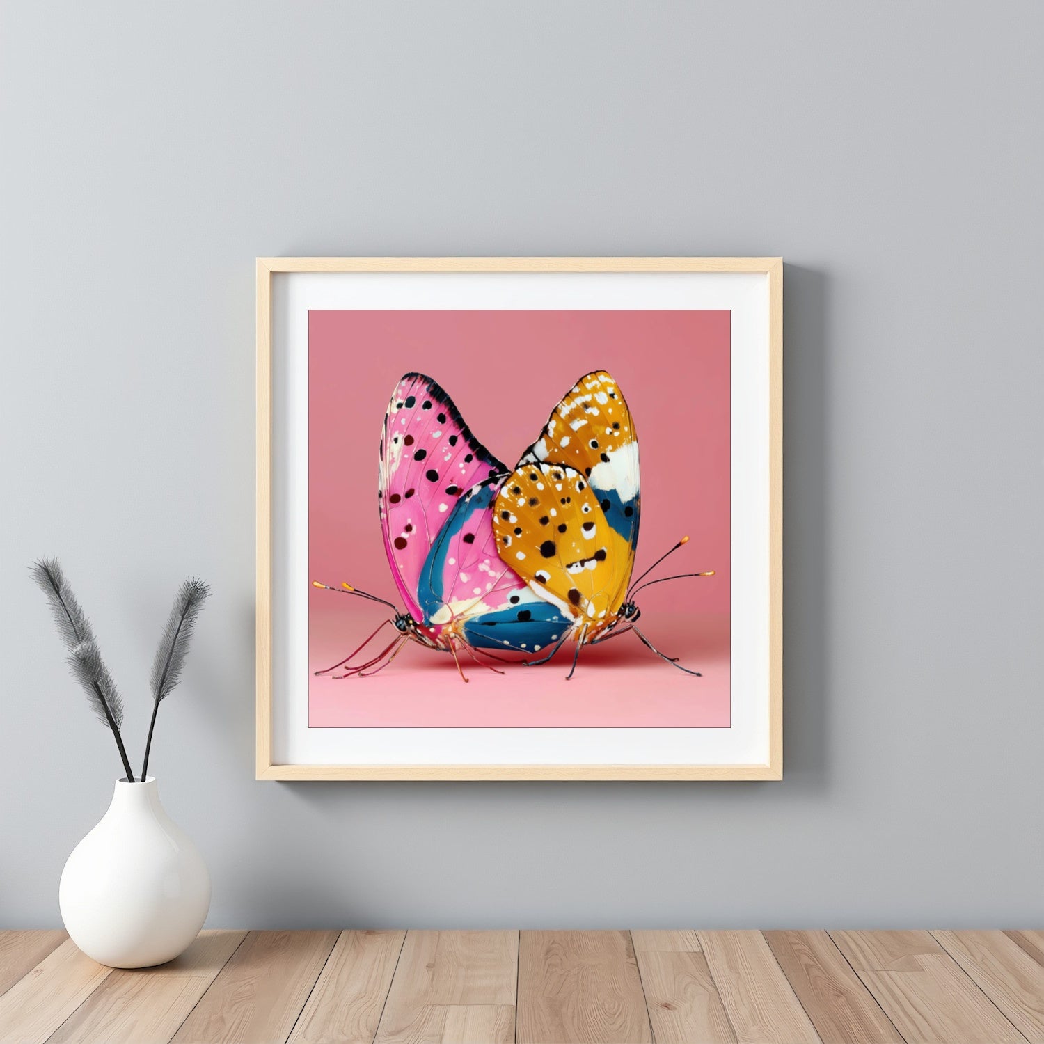 Vibrant pink butterfly art print — modern abstract butterfly wall poster with striking floral tones, feminine artwork framed white