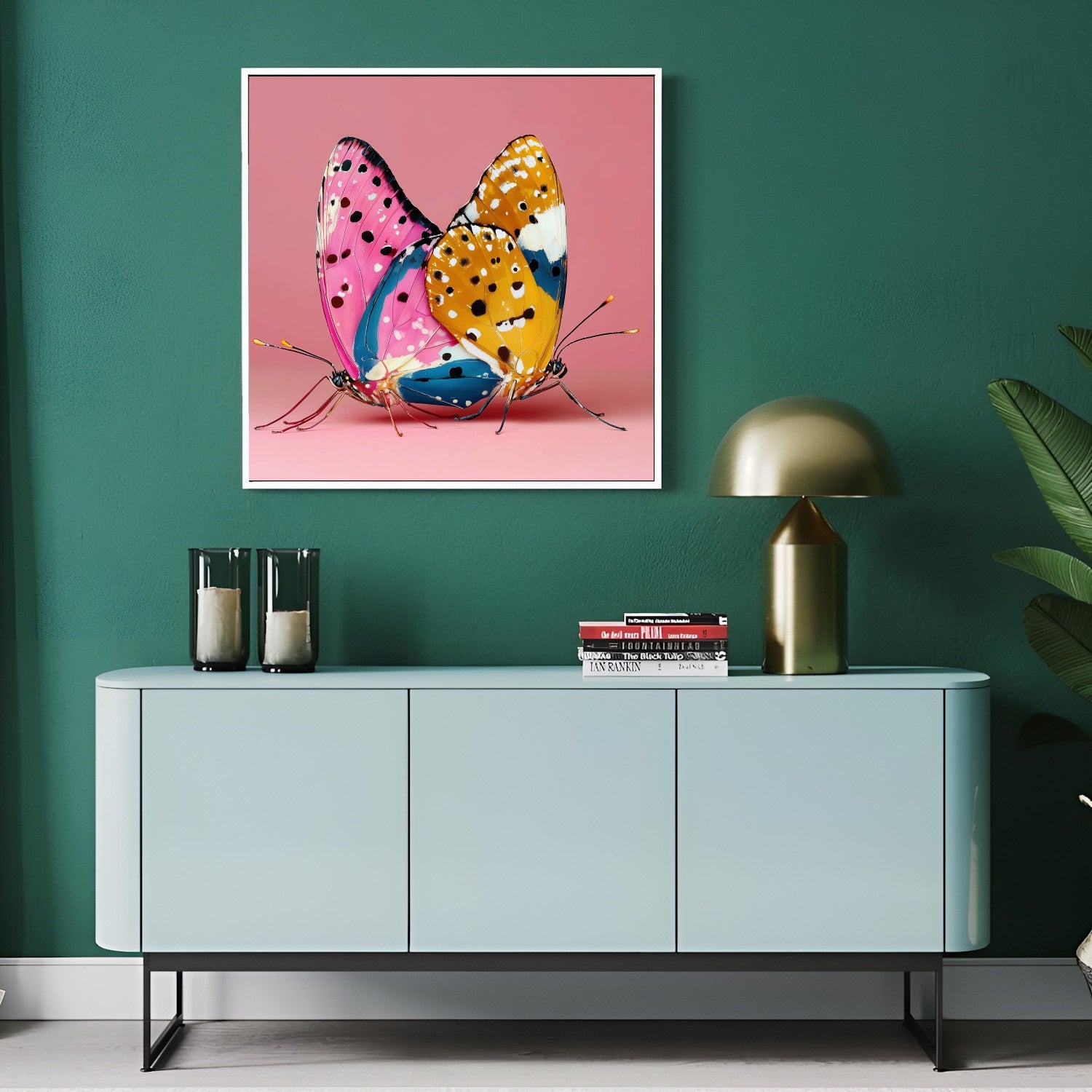 Vibrant pink butterfly art print — modern abstract butterfly wall poster with striking floral tones, feminine artwork in modern hallway