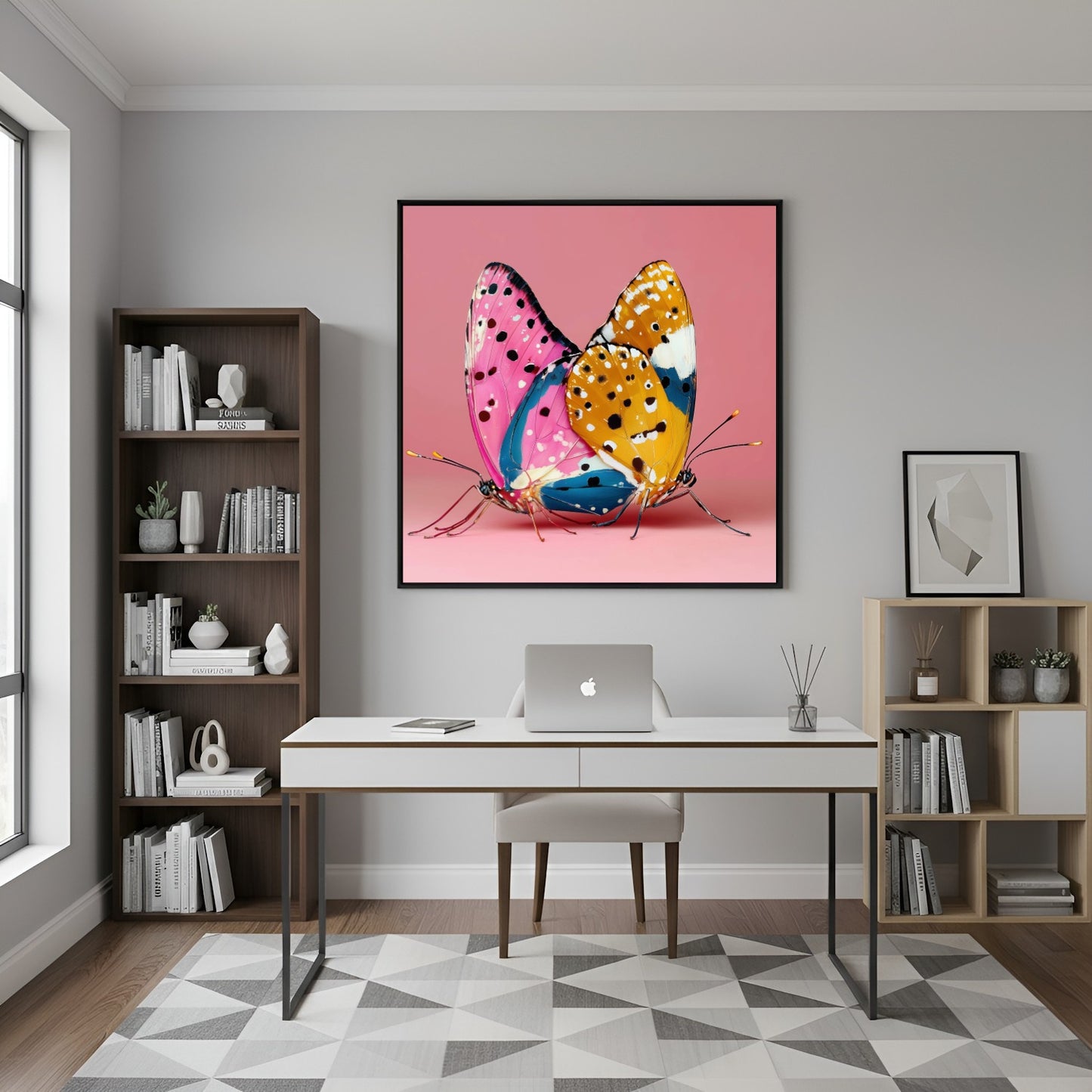 Vibrant pink butterfly art print — modern abstract butterfly wall poster with striking floral tones, feminine artwork in home office