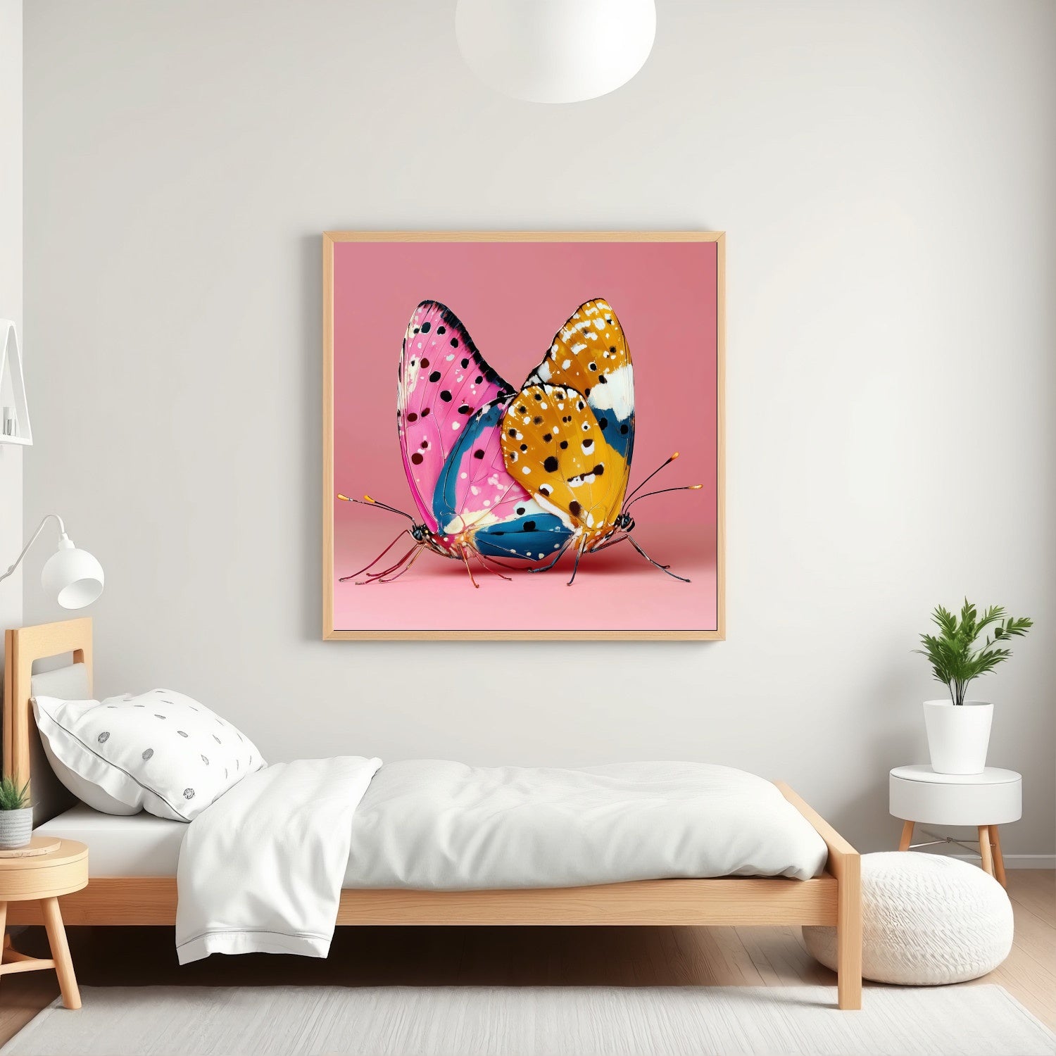 Vibrant pink butterfly art print — modern abstract butterfly wall poster with striking floral tones, feminine artwork in kids room