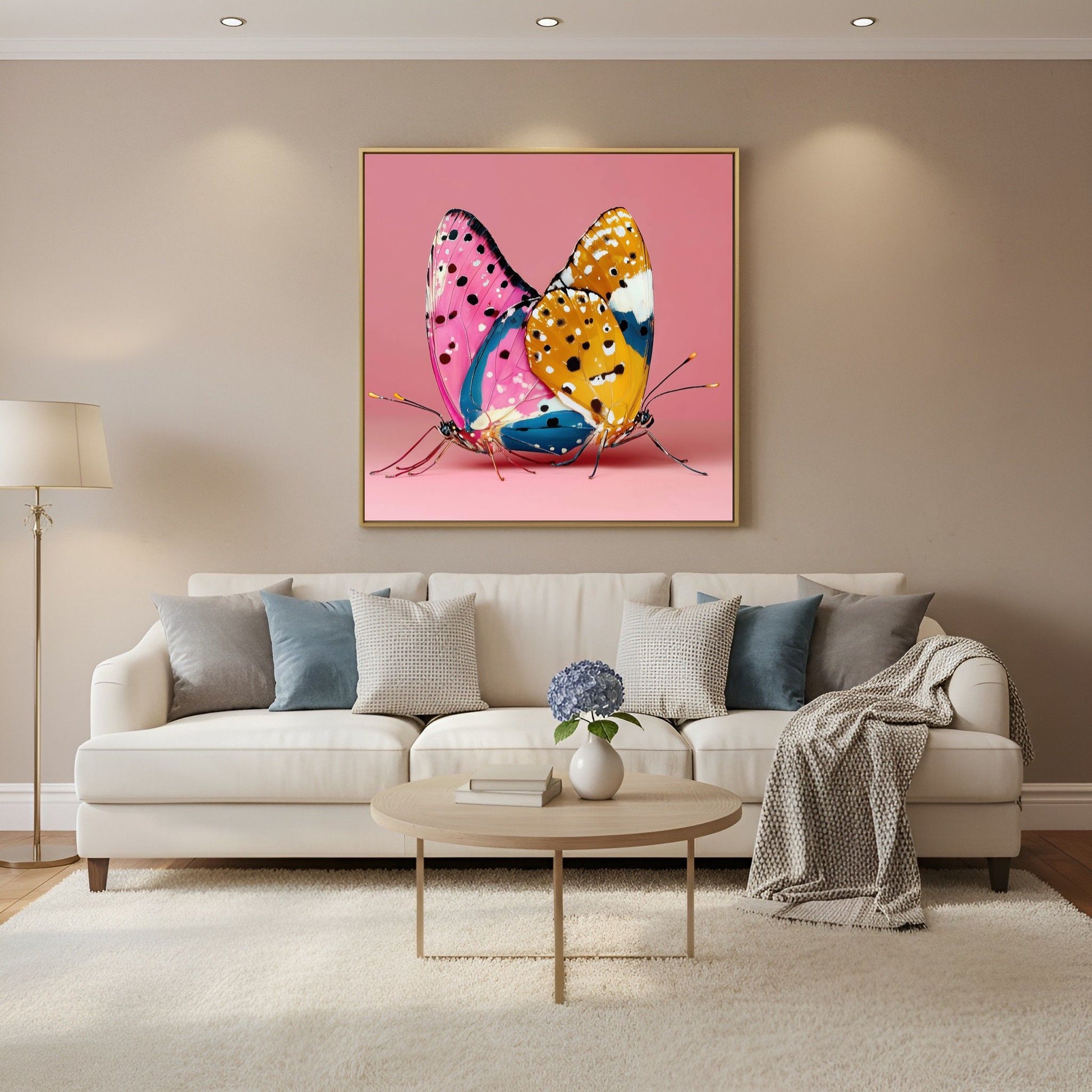 Vibrant pink butterfly art print — modern abstract butterfly wall poster with striking floral tones, feminine artwork  in Scandinavian living