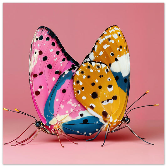 Vibrant pink butterfly art print — modern abstract butterfly wall poster with striking floral tones, feminine artwork close up