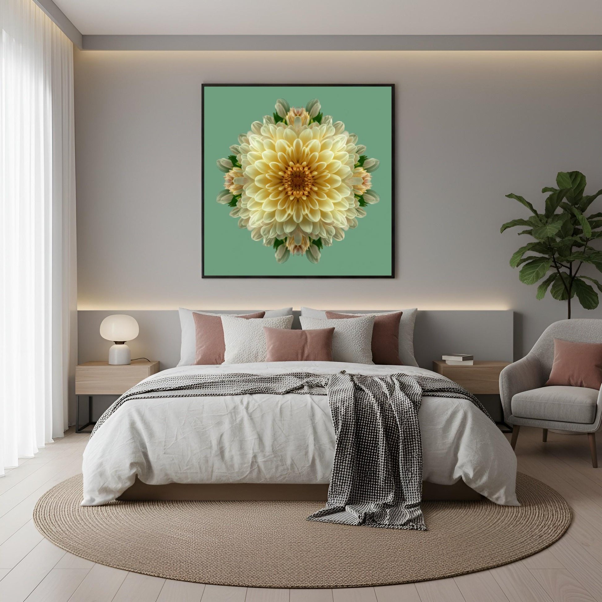 Dahlia Symmetry kaleidoscopic botanical art print with layered petals on pastel green background in boho bedroom
