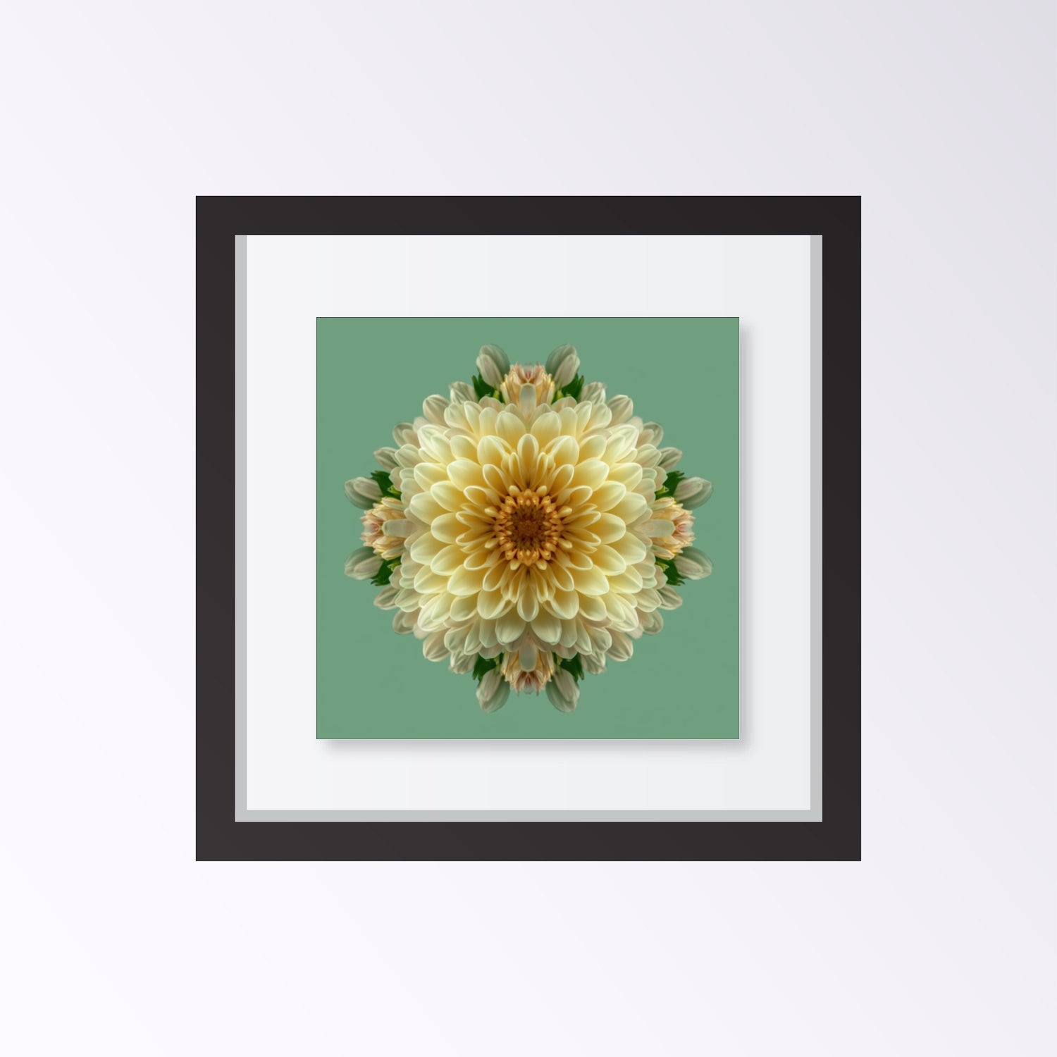 Dahlia Symmetry kaleidoscopic botanical art print with layered petals on pastel green background framed black