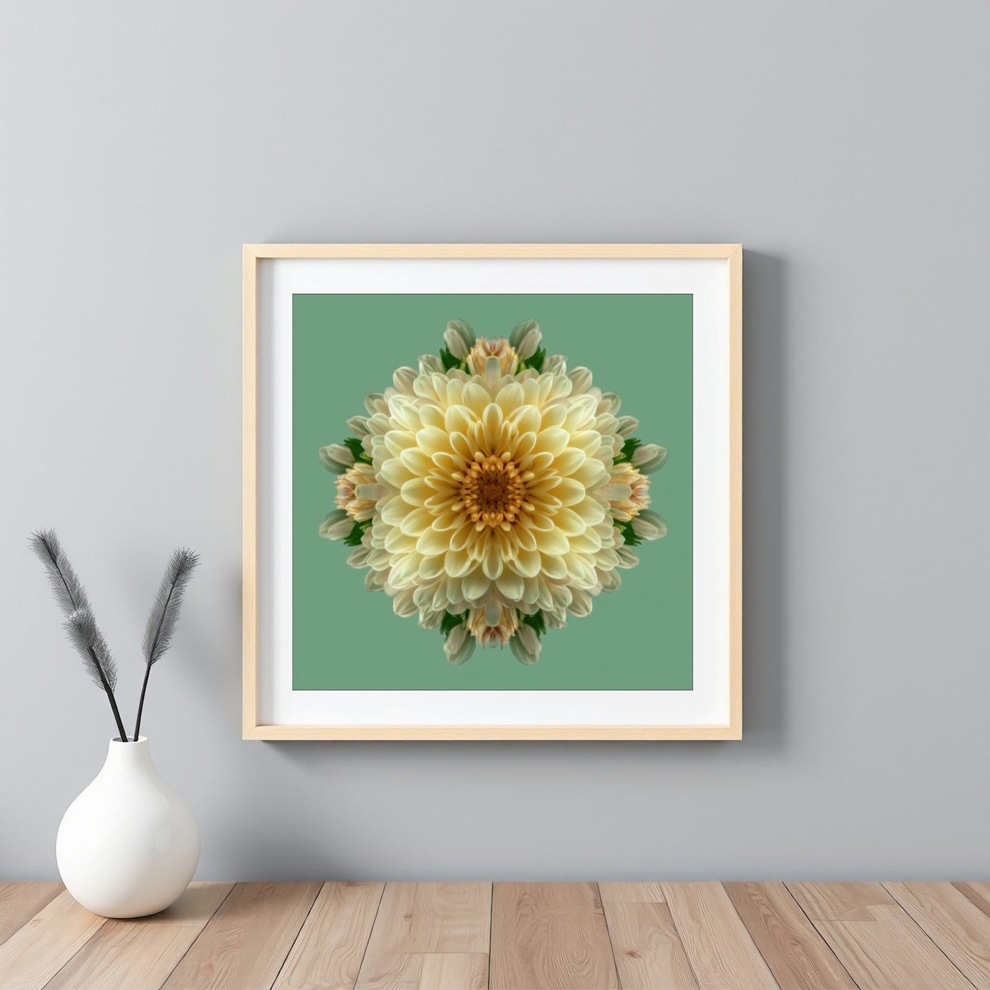 Dahlia Symmetry kaleidoscopic botanical art print with layered petals on pastel green background framed white