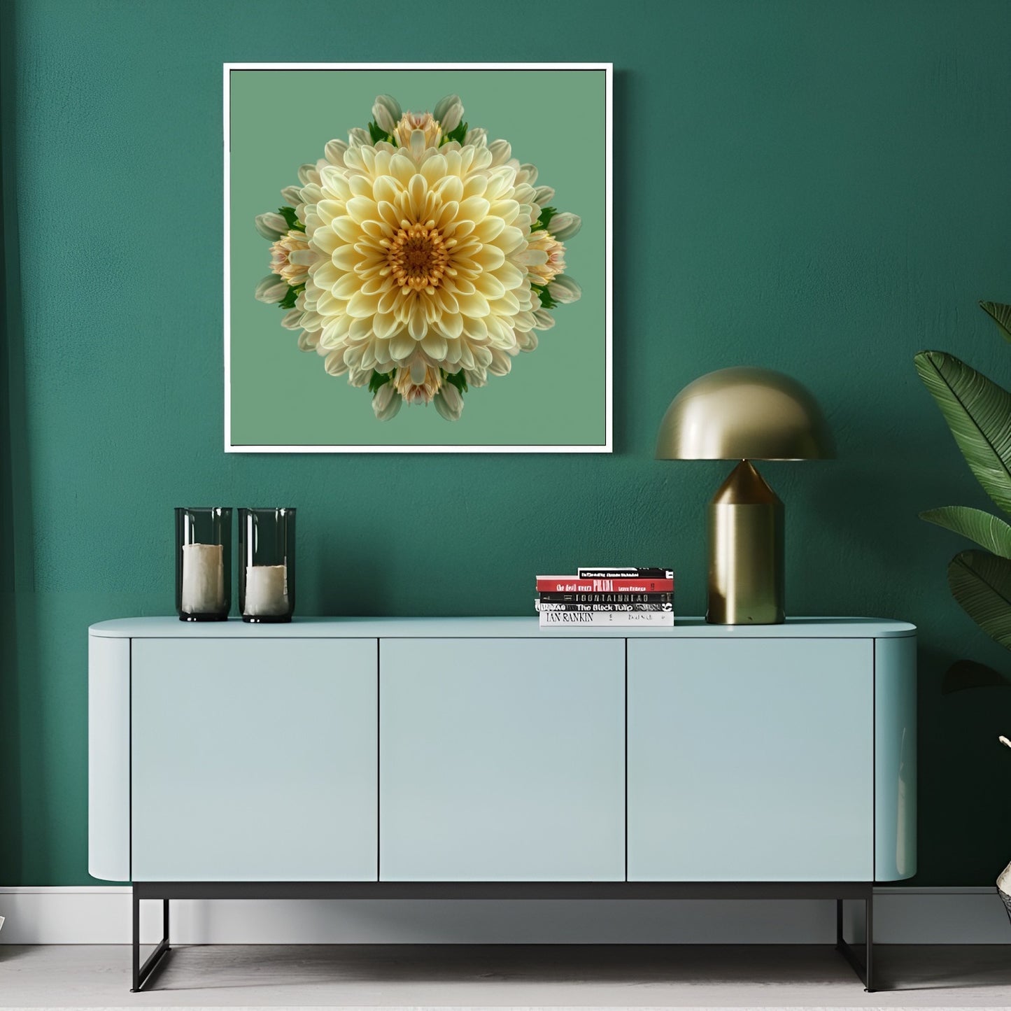 Dahlia Symmetry kaleidoscopic botanical art print with layered petals on pastel green background in modern hallway