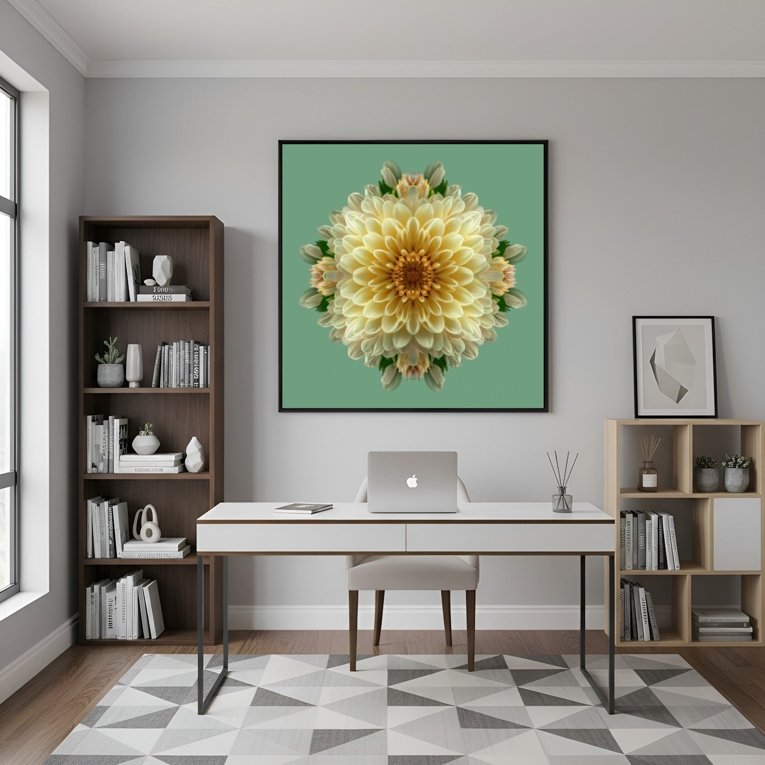 Dahlia Symmetry kaleidoscopic botanical art print with layered petals on pastel green background in home office