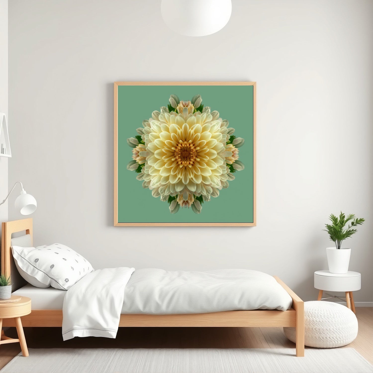 Dahlia Symmetry kaleidoscopic botanical art print with layered petals on pastel green background in kids room