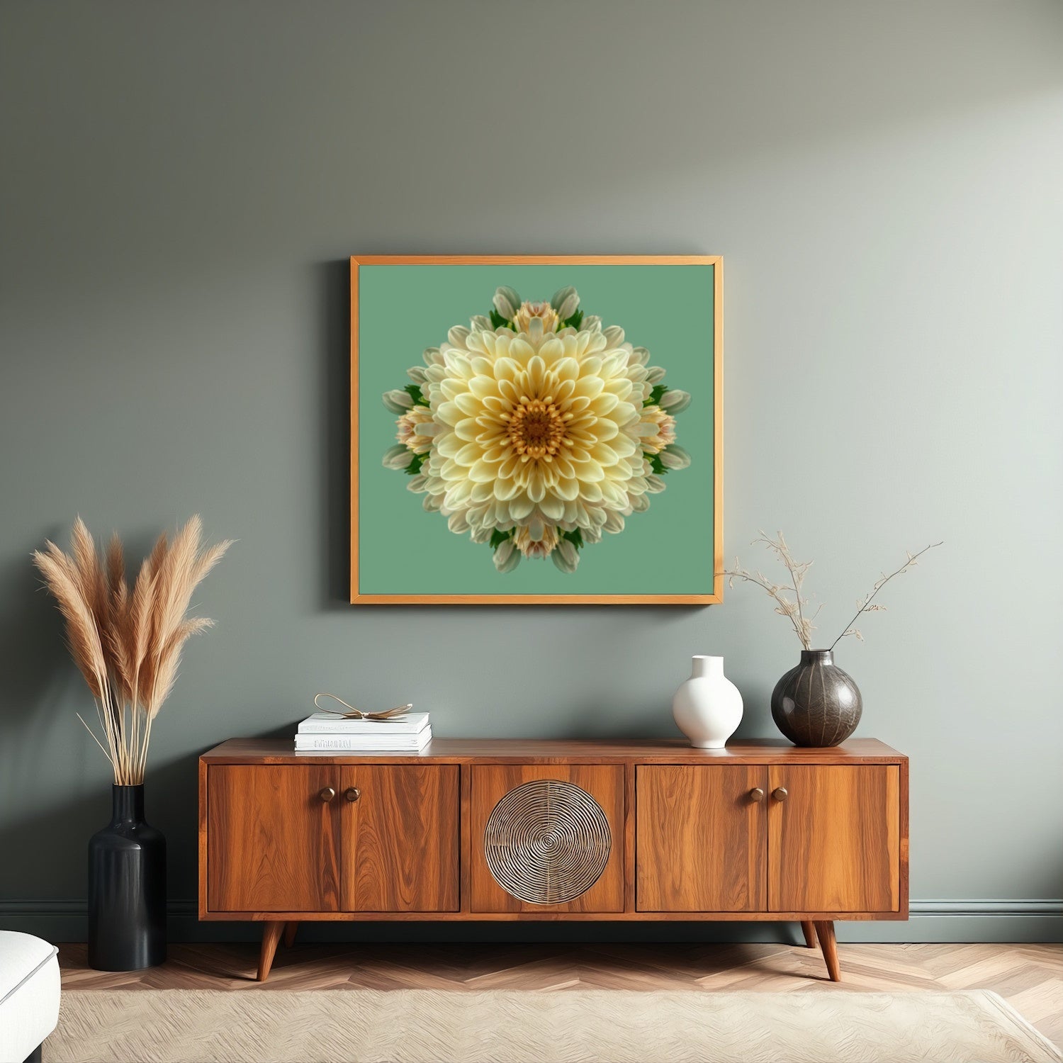 Dahlia Symmetry kaleidoscopic botanical art print with layered petals on pastel green background in living room