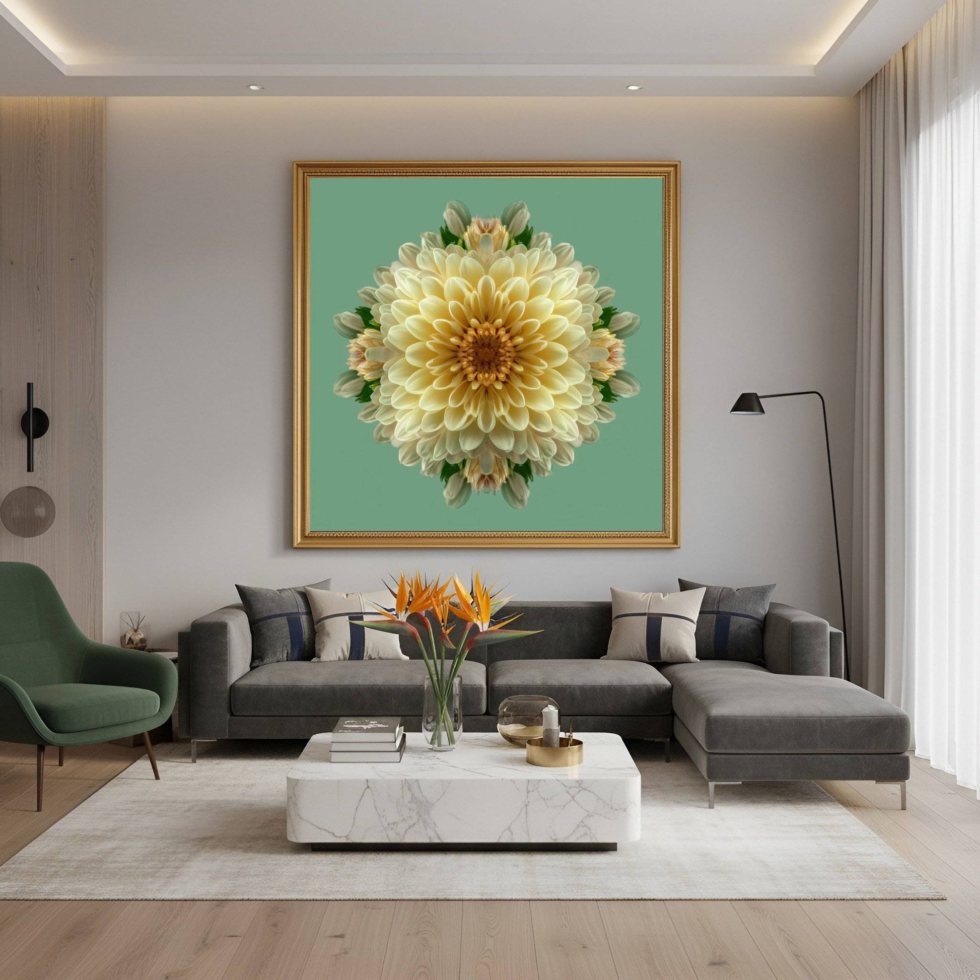 Dahlia Symmetry kaleidoscopic botanical art print with layered petals on pastel green background in modern living