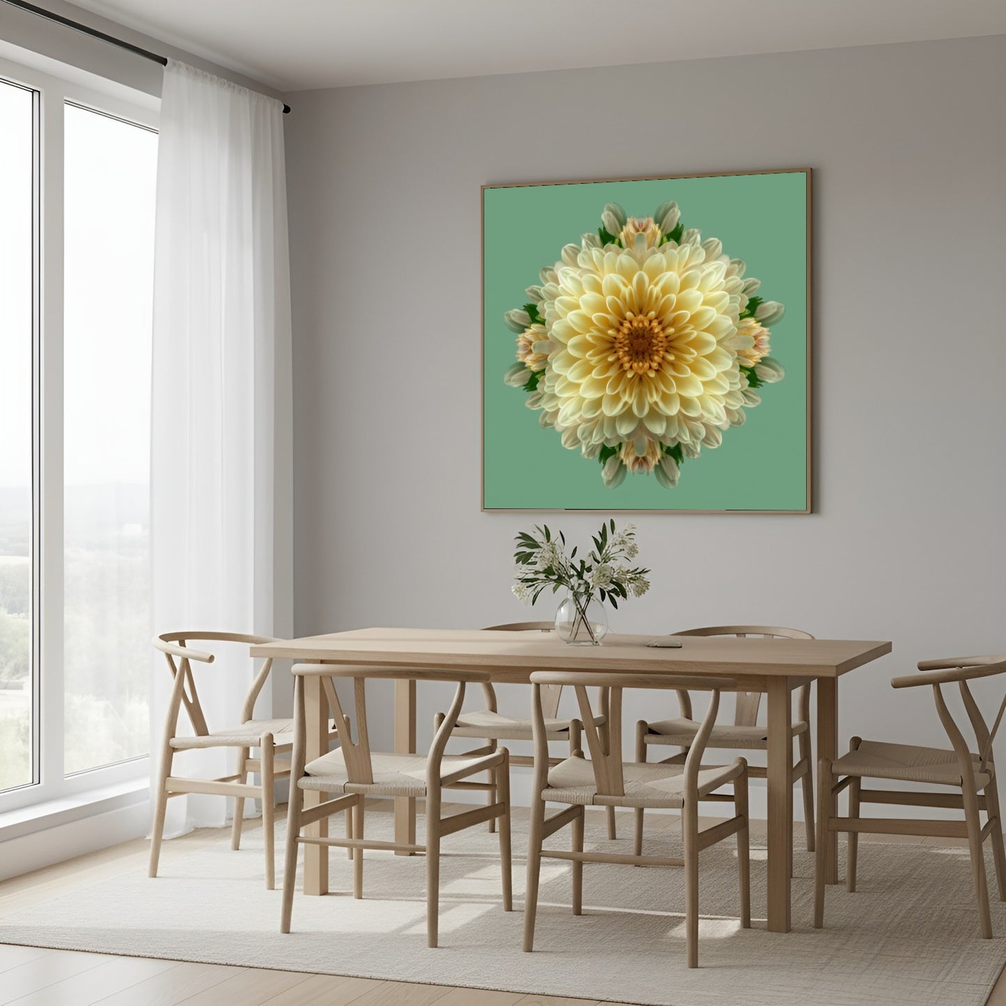 Dahlia Symmetry kaleidoscopic botanical art print with layered petals on pastel green background in Scandinavian dining