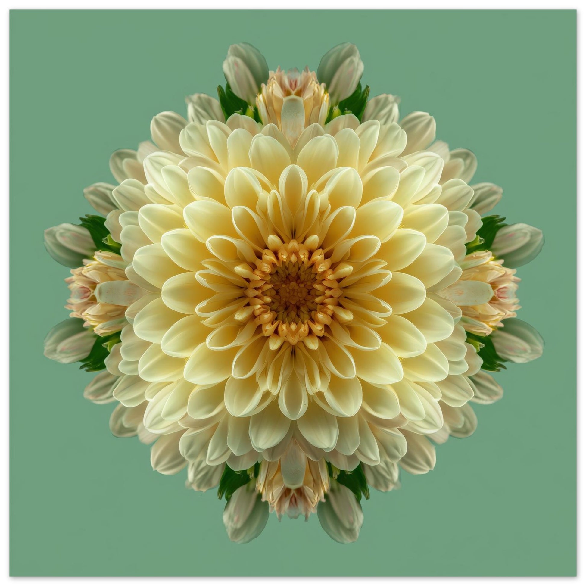 Dahlia Symmetry kaleidoscopic botanical art print with layered petals on pastel green background close up