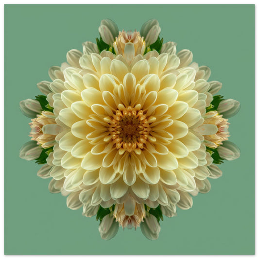 Dahlia Symmetry kaleidoscopic botanical art print with layered petals on pastel green background close up