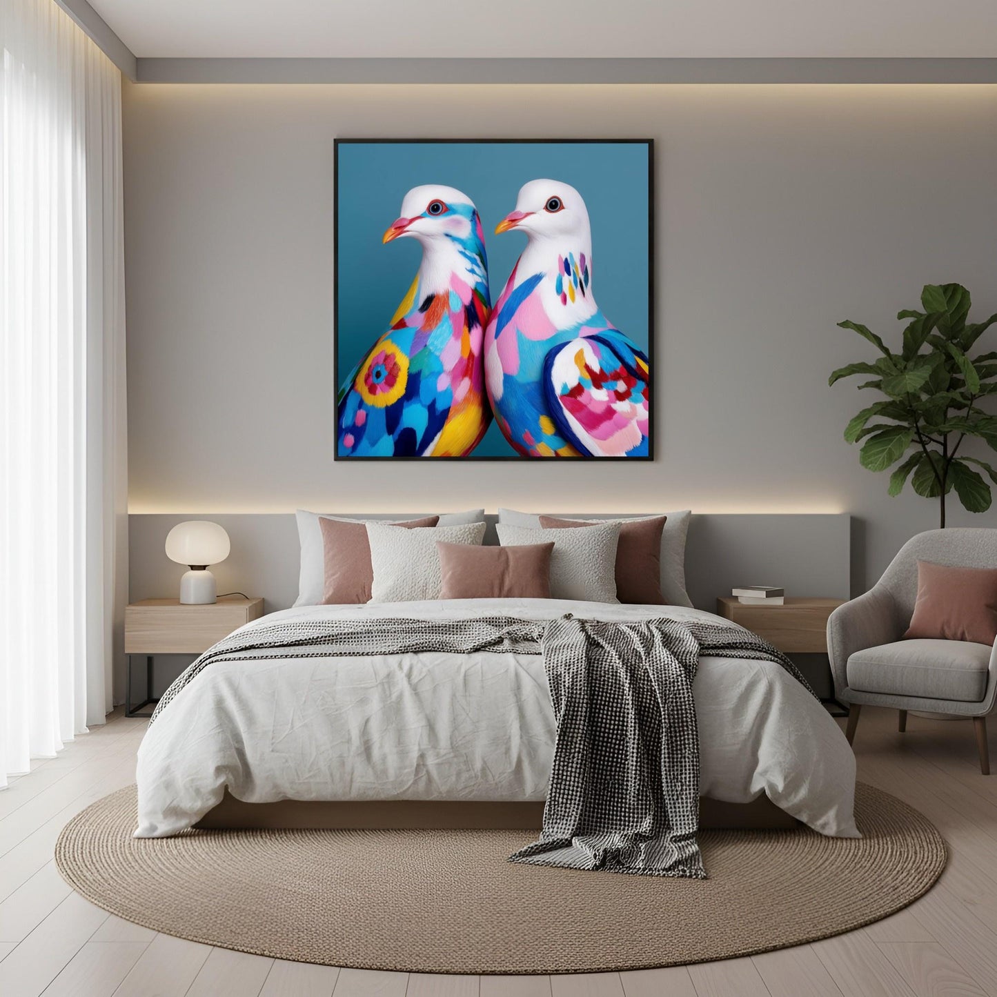 Colorful abstract doves wall art — modern bird artwork with vibrant geometric shapes, peace symbol poster for stylish decor in boho bedroom
