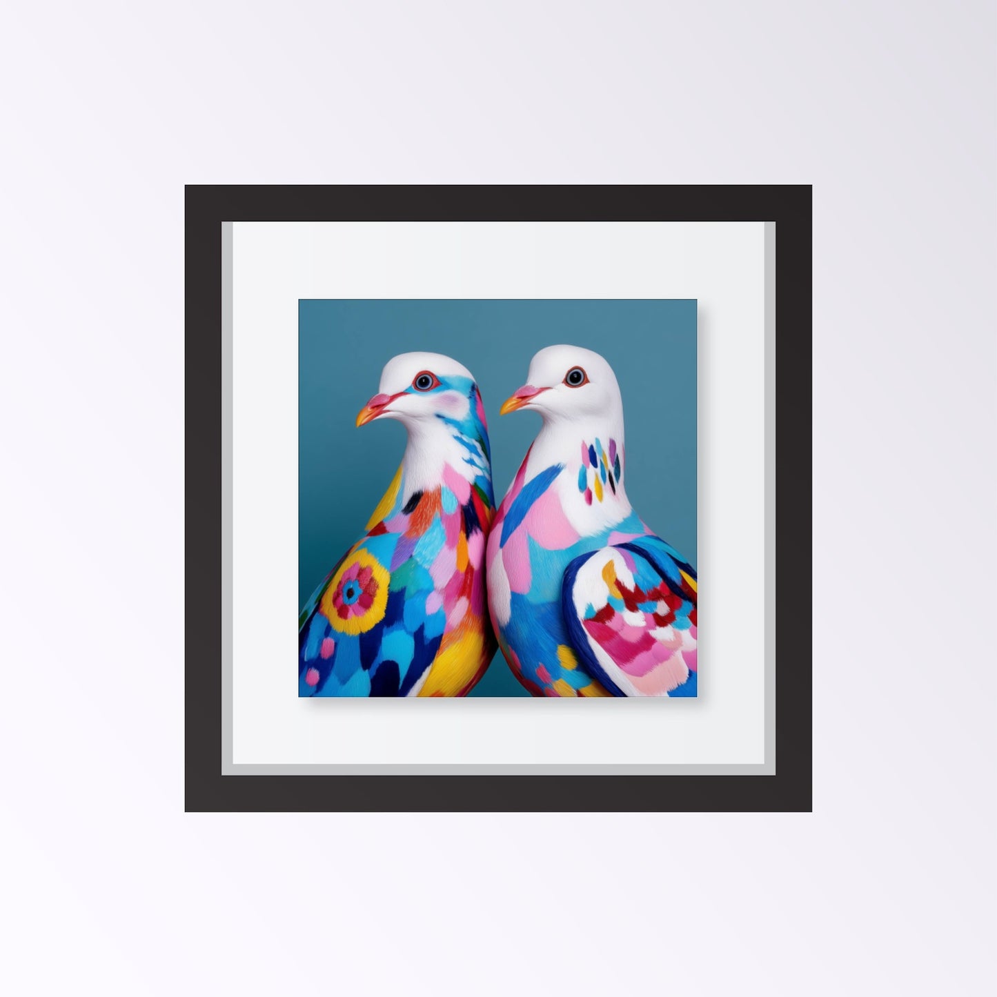 Colorful abstract doves wall art — modern bird artwork with vibrant geometric shapes, peace symbol poster for stylish decor framed black