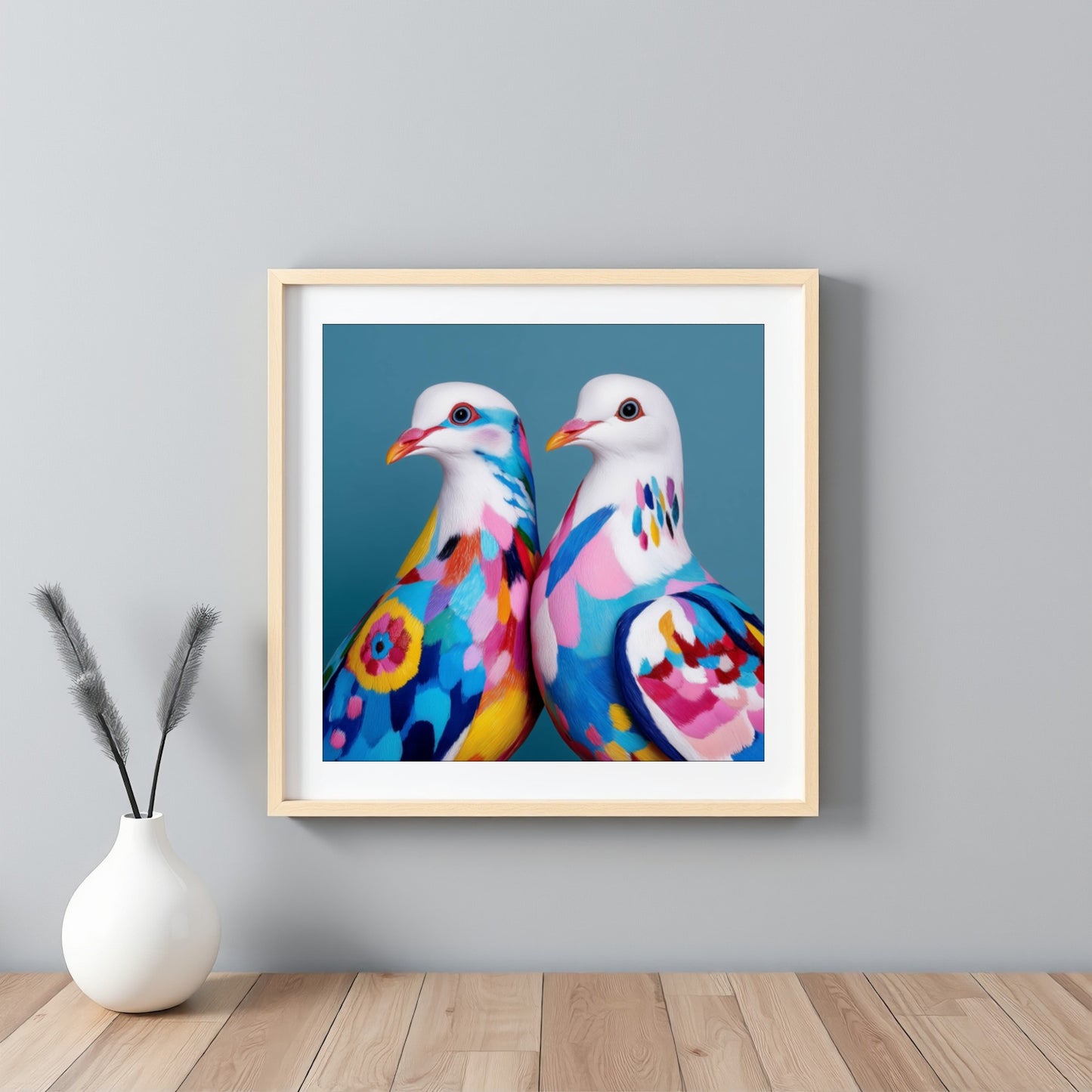 Colorful abstract doves wall art — modern bird artwork with vibrant geometric shapes, peace symbol poster for stylish decor framed white