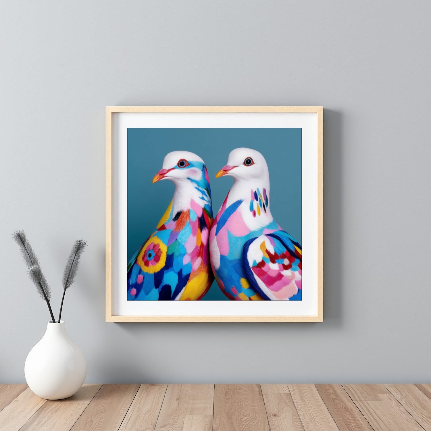 Colorful abstract doves wall art — modern bird artwork with vibrant geometric shapes, peace symbol poster for stylish decor framed white