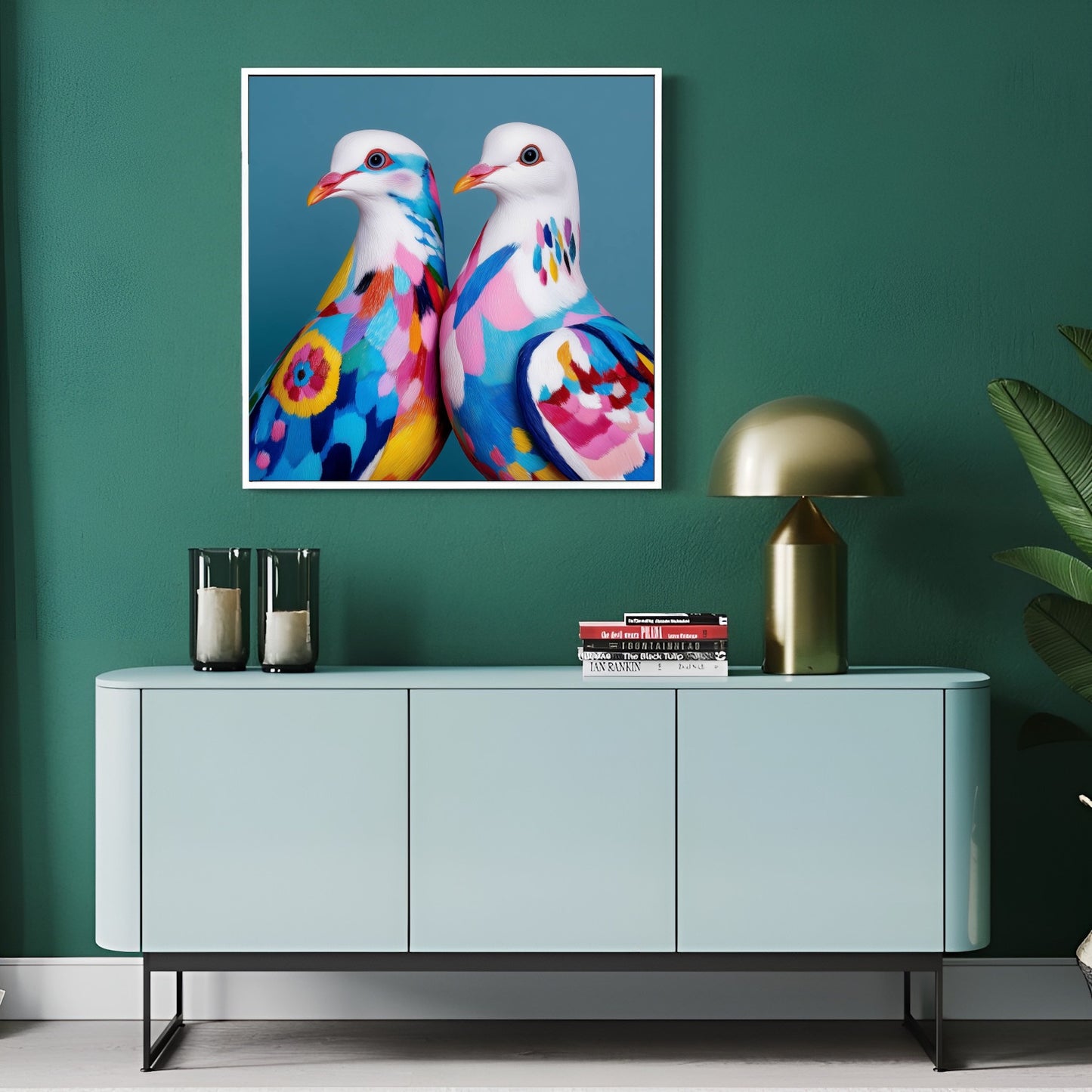 Colorful abstract doves wall art — modern bird artwork with vibrant geometric shapes, peace symbol poster for stylish decor in modern hallway