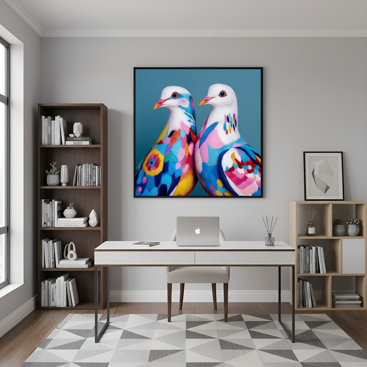 Colorful abstract doves wall art — modern bird artwork with vibrant geometric shapes, peace symbol poster for stylish decor in home office