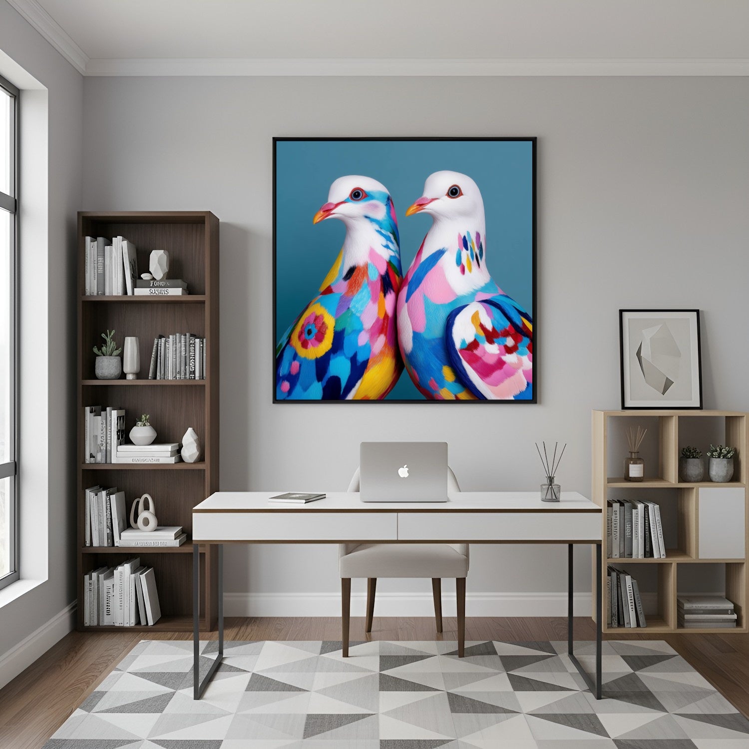 Colorful abstract doves wall art — modern bird artwork with vibrant geometric shapes, peace symbol poster for stylish decor in home office