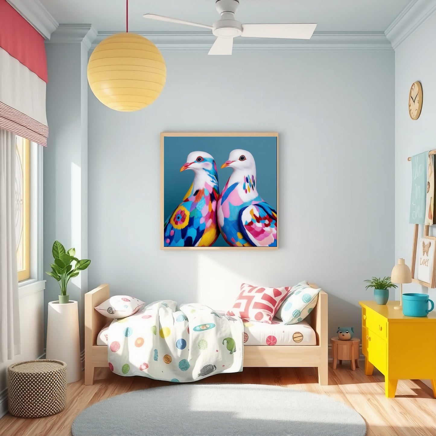 Colorful abstract doves wall art — modern bird artwork with vibrant geometric shapes, peace symbol poster for stylish decor in nursery