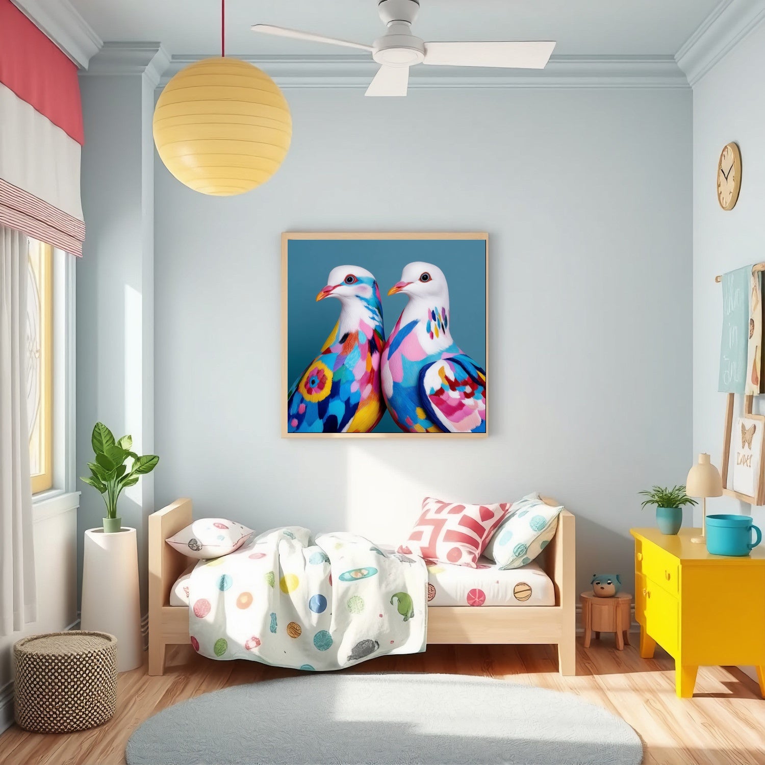 Colorful abstract doves wall art — modern bird artwork with vibrant geometric shapes, peace symbol poster for stylish decor in nursery