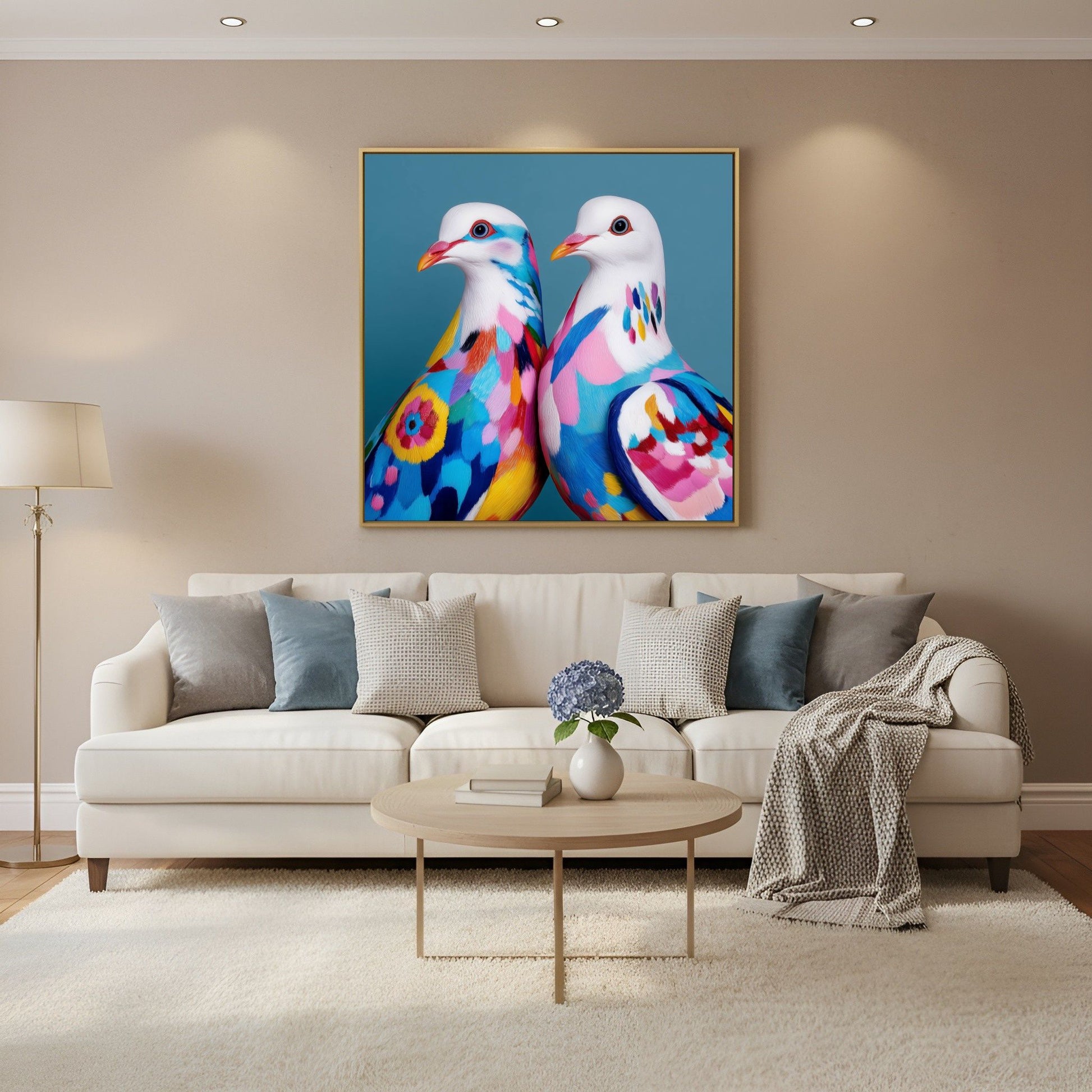 Colorful abstract doves wall art — modern bird artwork with vibrant geometric shapes, peace symbol poster for stylish decor in Scandinavian living