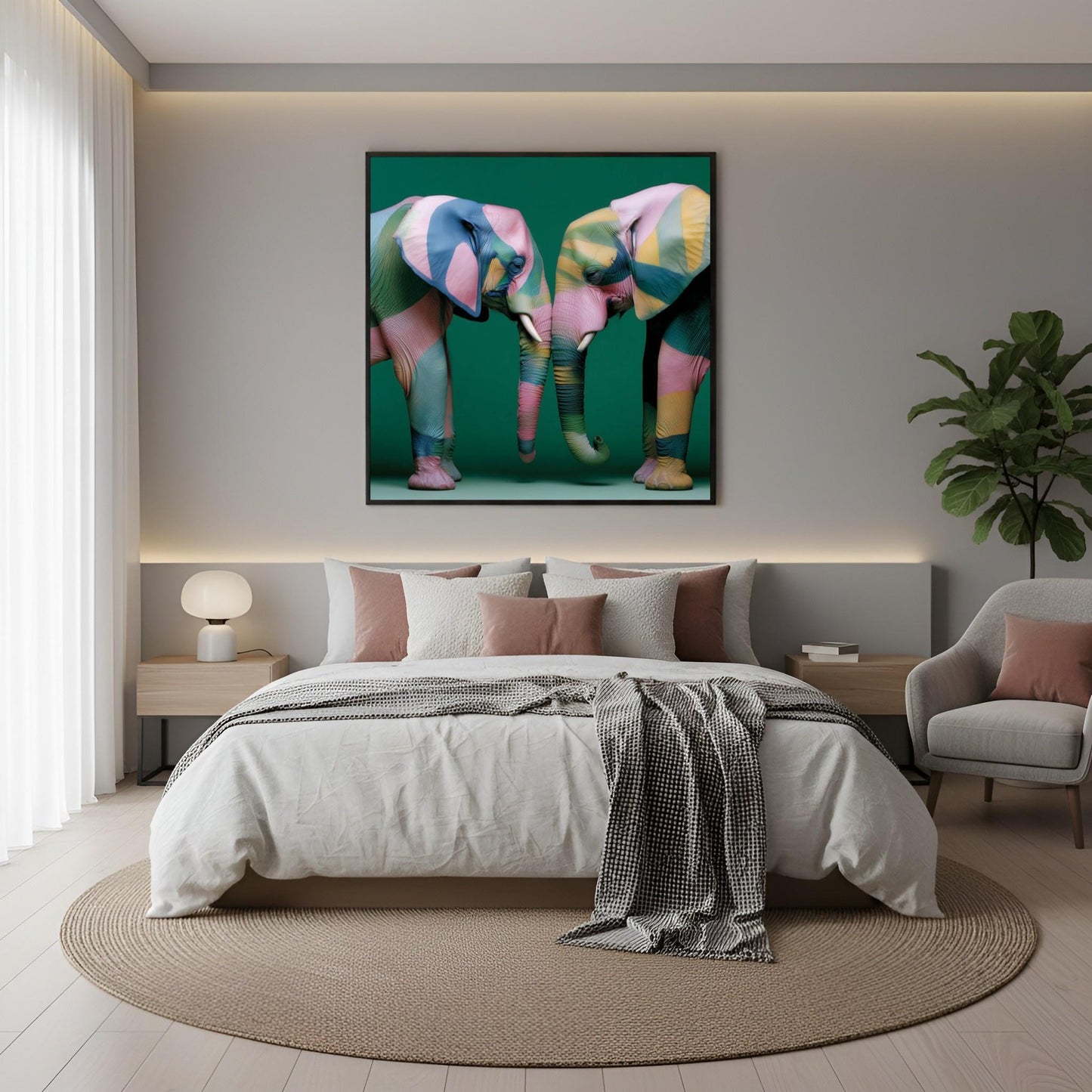 Elephants modern abstract wall art print — unique wildlife artwork with bold patterns, contemporary elephant poster for safari decor in boho bedroom