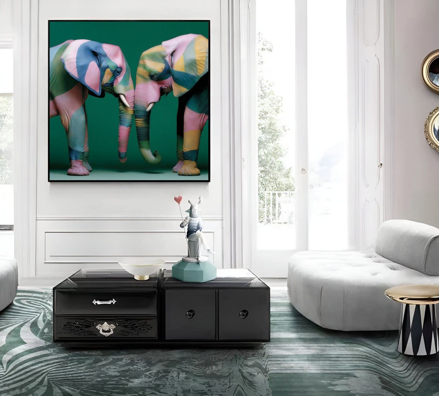 Elephants modern abstract wall art print — unique wildlife artwork with bold patterns, contemporary elephant poster for safari decor in contemporary living