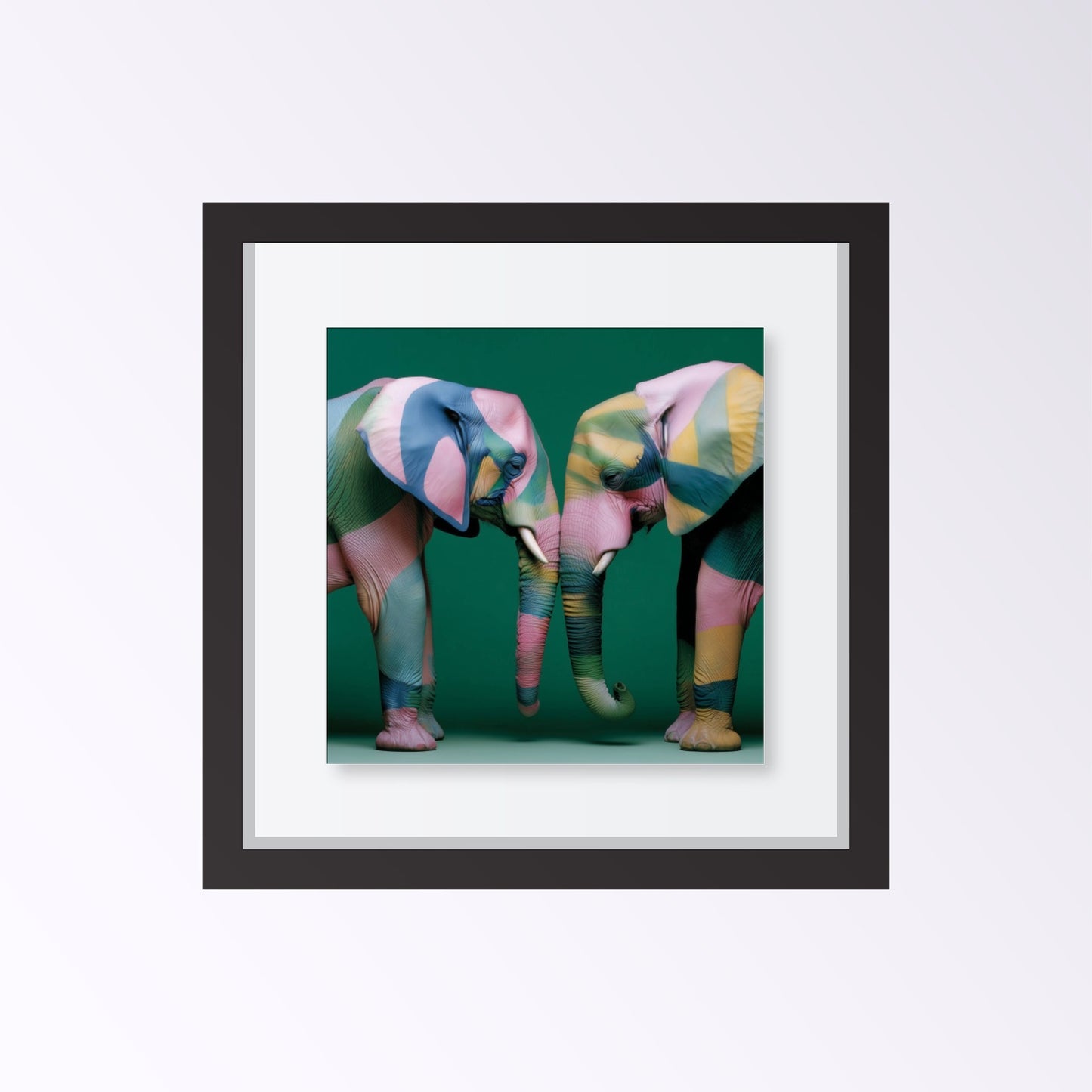Elephants modern abstract wall art print — unique wildlife artwork with bold patterns, contemporary elephant poster for safari decor framed black