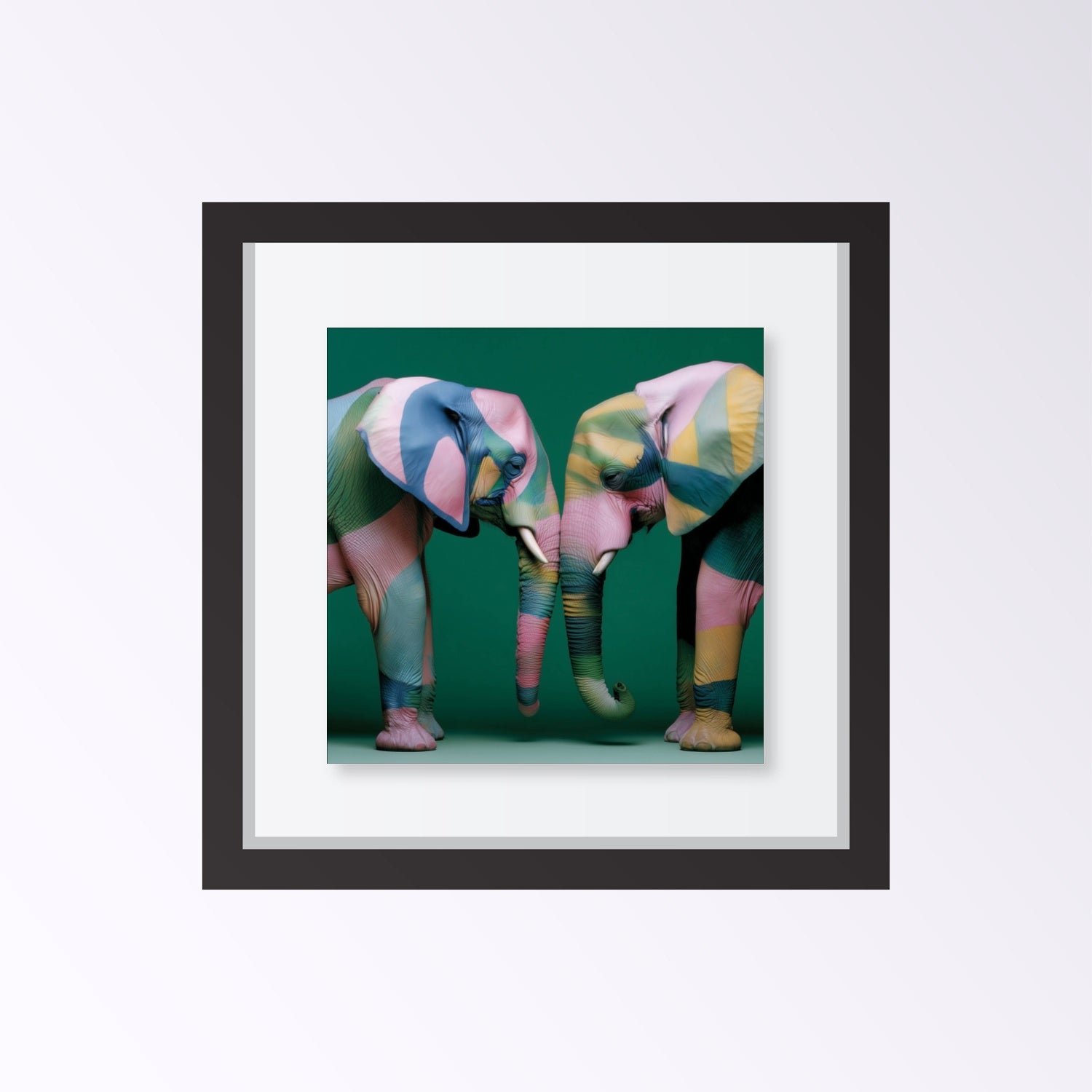 Elephants modern abstract wall art print — unique wildlife artwork with bold patterns, contemporary elephant poster for safari decor framed black