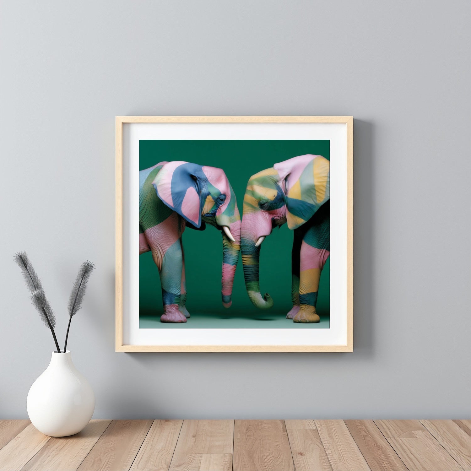 Elephants modern abstract wall art print — unique wildlife artwork with bold patterns, contemporary elephant poster for safari decor framed white