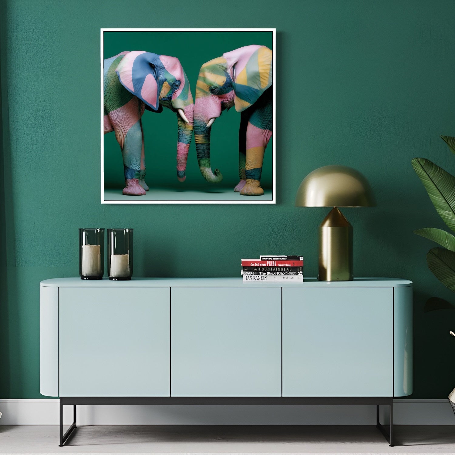 Elephants modern abstract wall art print — unique wildlife artwork with bold patterns, contemporary elephant poster for safari decor in modern hallway