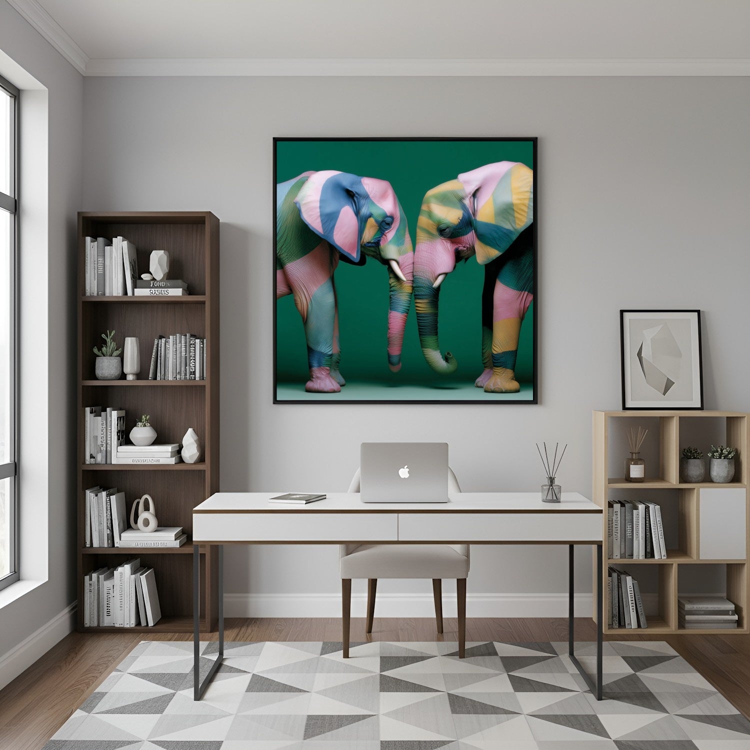Elephants modern abstract wall art print — unique wildlife artwork with bold patterns, contemporary elephant poster for safari decor in home office